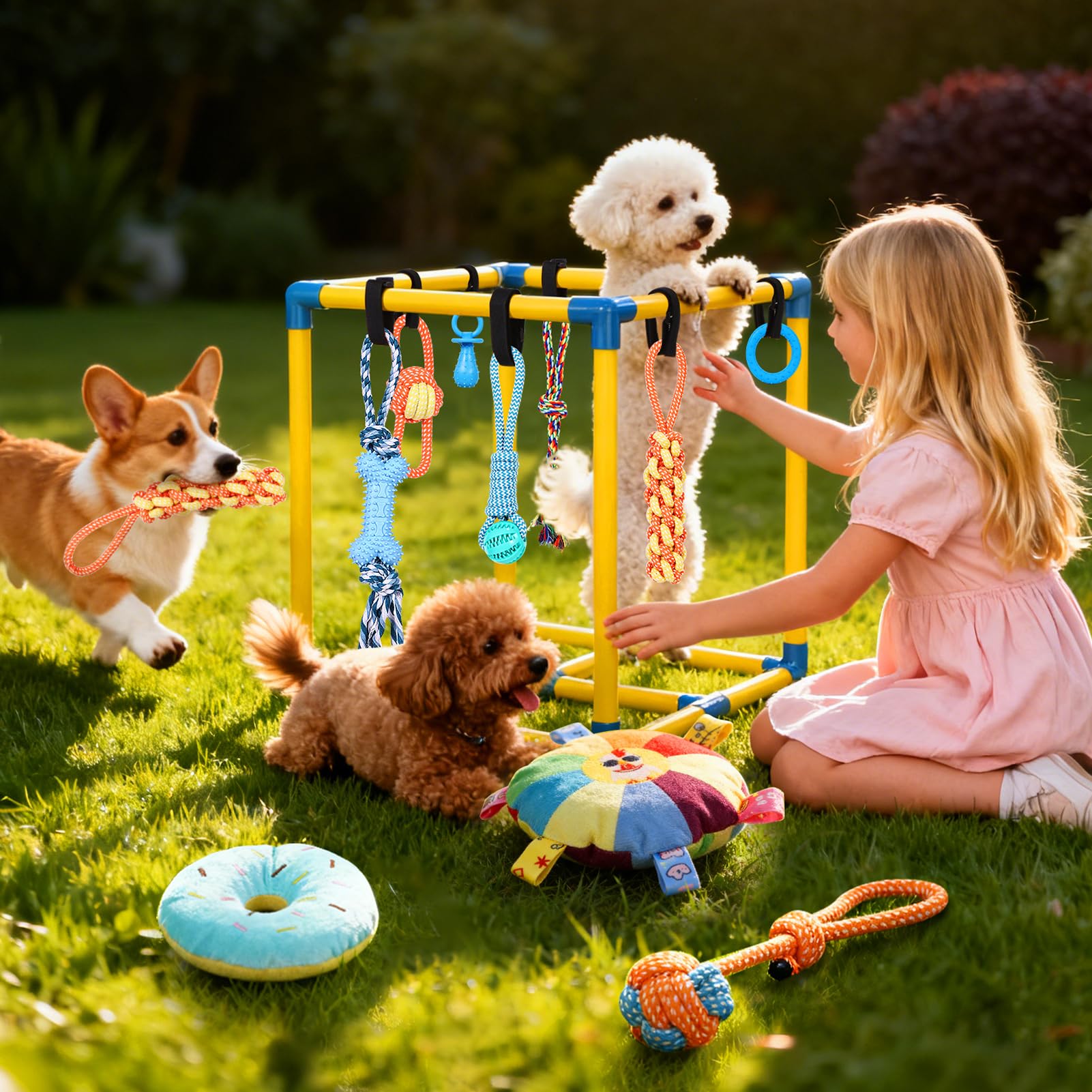 WLLEYAY Welpenspielstudio für kleine Hunde mit 10 hängenden Spielzeugen, abnehmbarer Indoor-Dschungel-Fitnessstudio, PVC-Rahmen mit verstellbaren Bungee-Gurten, interaktives Hundespielzeug