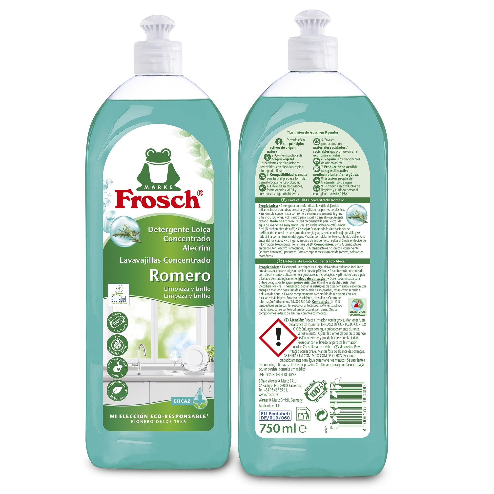Frosch - Handspüler, Flüssigkonzentrat, ökologisch, Rosmarin, effektive Reinigung und Hygiene, pH-neutral - Packung mit 10 Stück x 750 ml