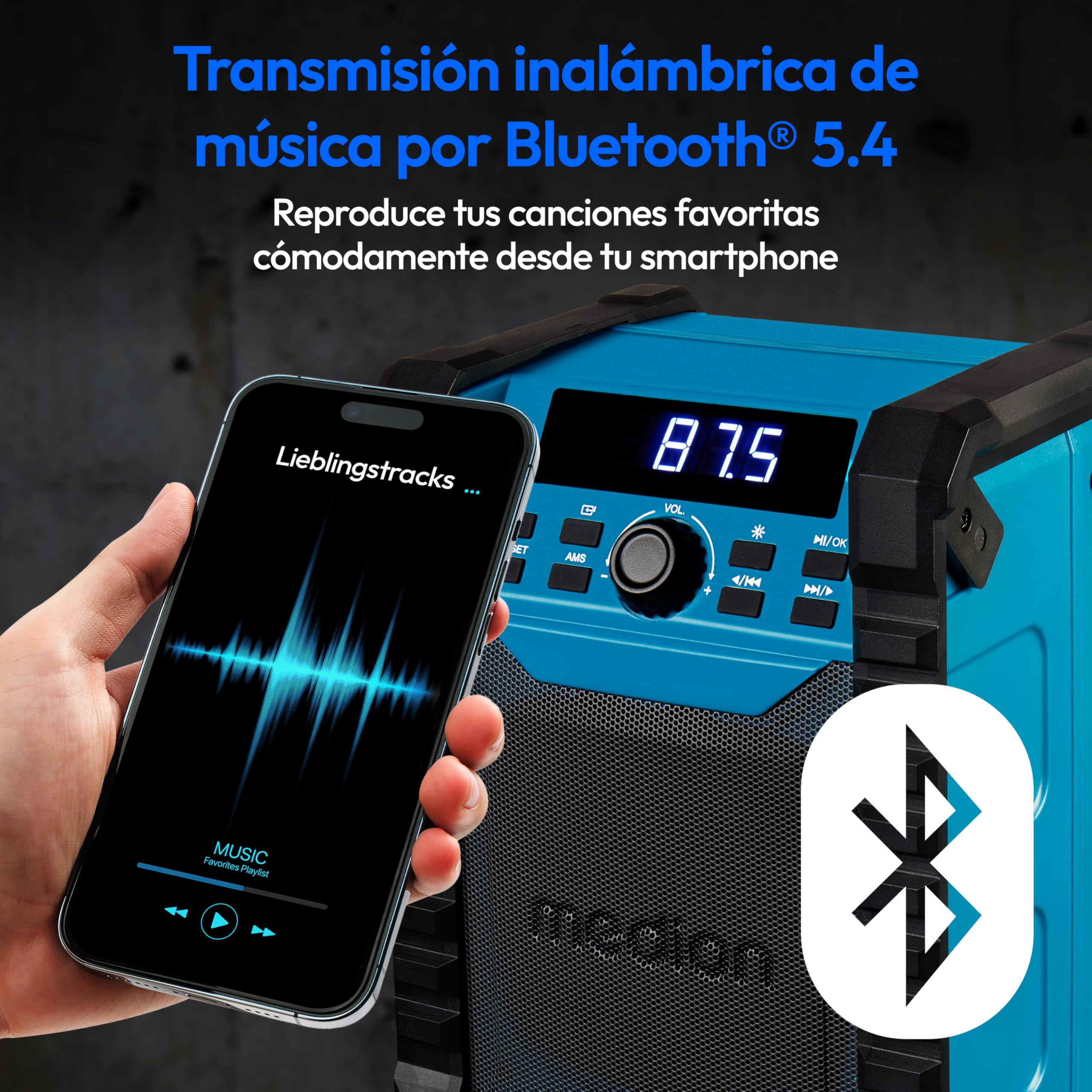 MEDION E65895 Radio de Obra con batería Recargable (Carcasa Robusta, asa de Transporte, Bluetooth, Resistente a Salpicaduras (IP54), Radio FM, AUX) Verde