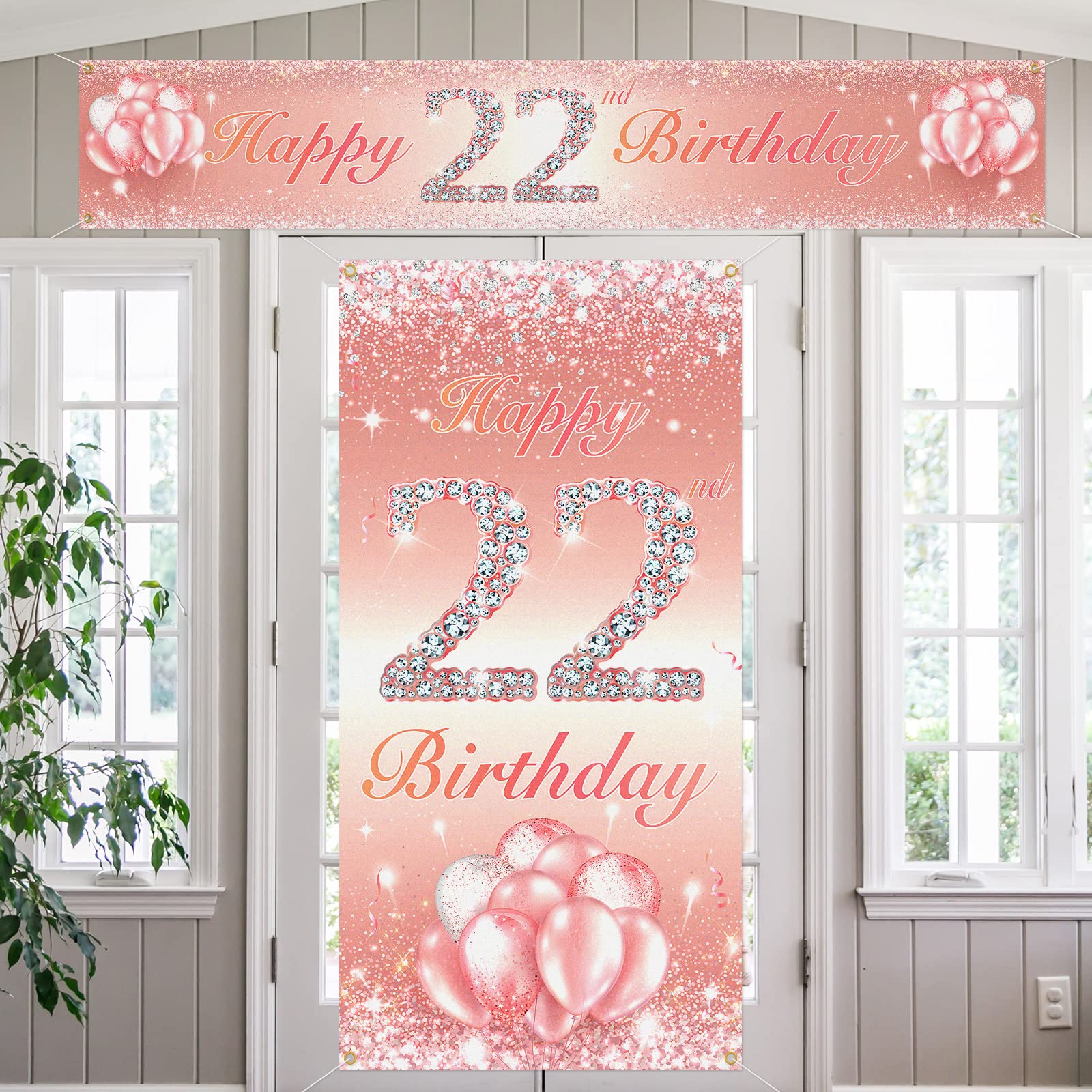 Striscione Compleanno 22 Anni – 90x180 Cm, Tessuto Rosa Con Scritta Happy 22nd Birthday, Decorazione Per Feste