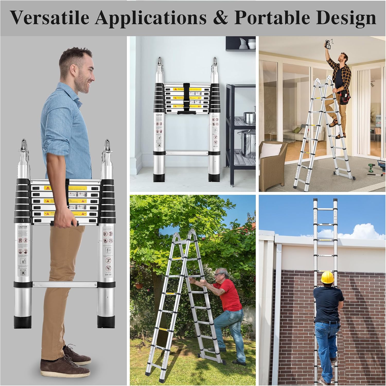 A-Frame Aluminum Telescopic Extension Ladder with Non-Slip Feet, 16.5FT Rv Telescope Foldable Extendable Compact Ladders for House Roof Travel Trailers, Adjustable Retractable, 330lbs Capacity