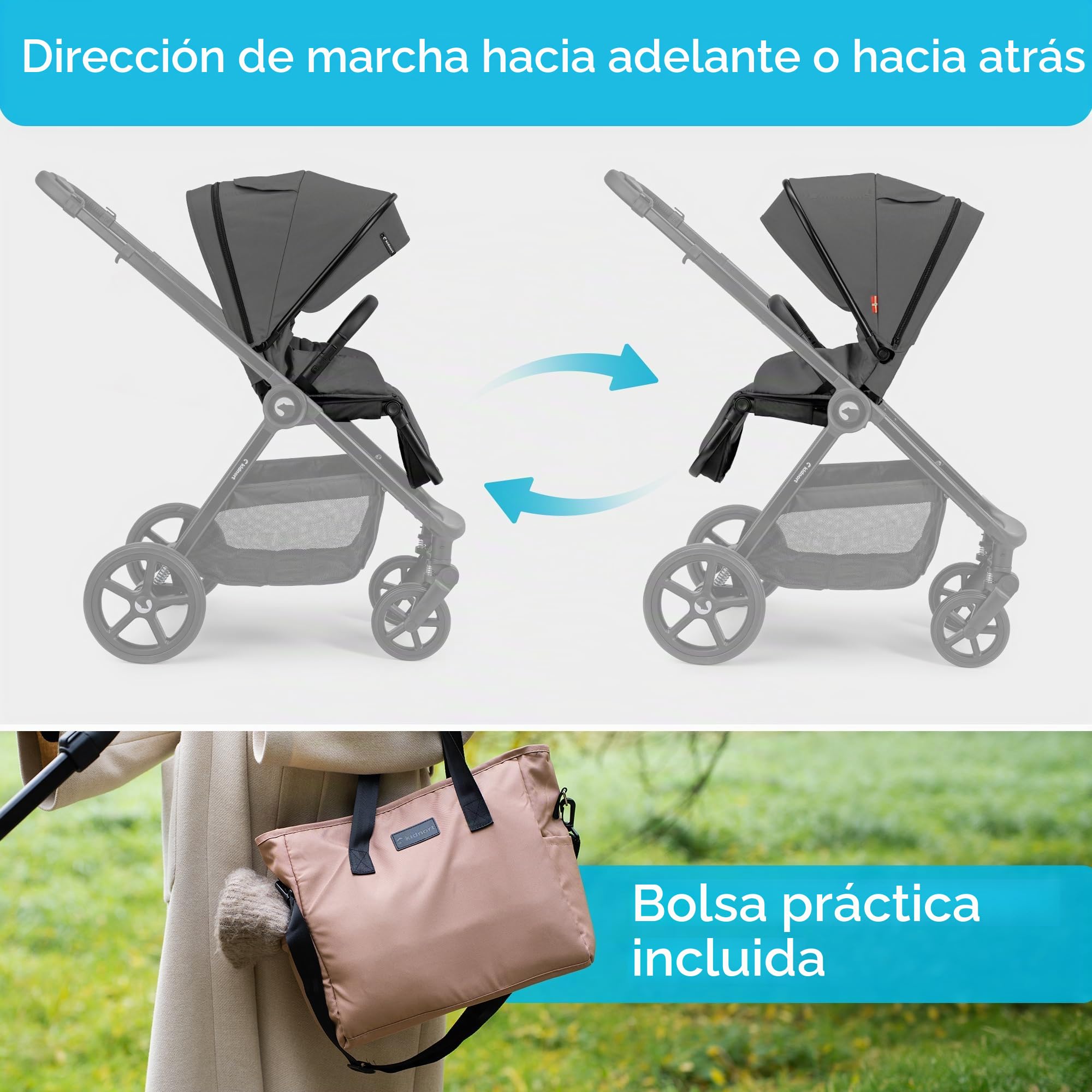 Älskar - Cochecito de bebé reversible, plegable, compacto, hasta 22 kg, respaldo ajustable, techo con protección UV, cinturón de 5 puntos, cubierta para lluvia, mosquitera, bolsa gris oscuro