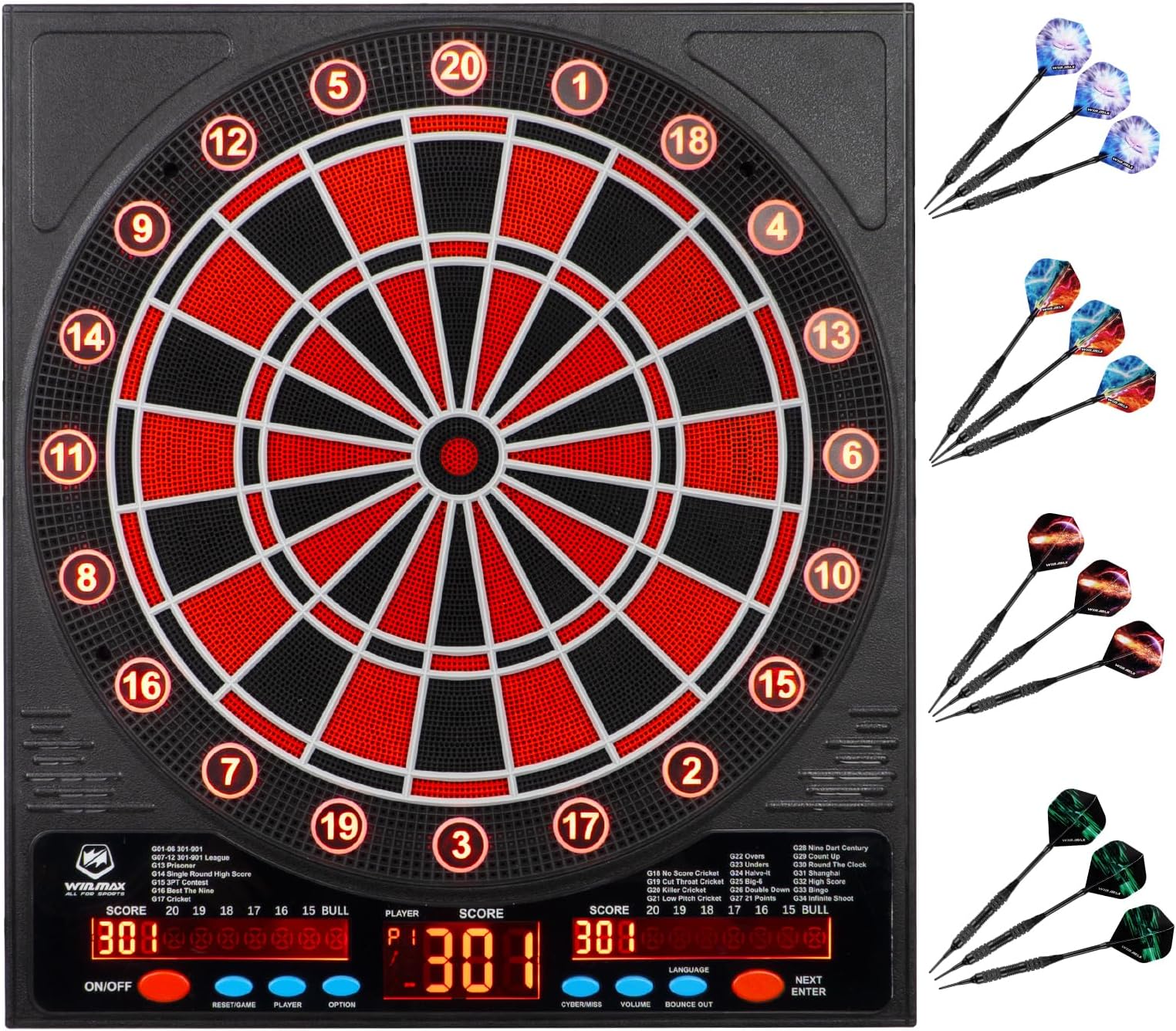 WIN.MAX Electronic Dart Board Set, 3 LEDs, Large Easy-to-Read Screen, 8 Color Display, Automatic Scoring, Silent Mode, 34 Games, Up to 8 Players, Practice Mode, 12 Darts, 100 Chips, Japanese Instruction Manual Included, Beginner, Indoor, Party