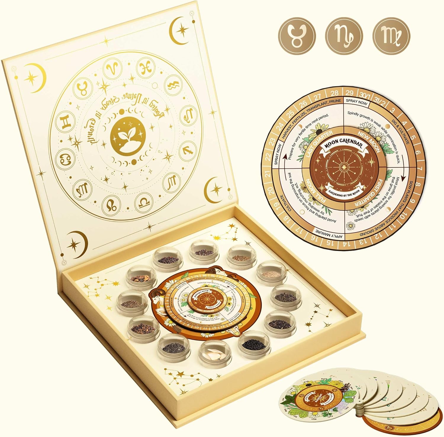 LUSH&DEW Zodiac Garden Seed Bank, 12 Varieties Non-GMO USA-Sourced Heirloom Herb Flower Seeds with Moon Calendar, Gardening Gift for Women Men, Witchcraft Supplies, Earth Sign (Taurus Virgo Capricorn)