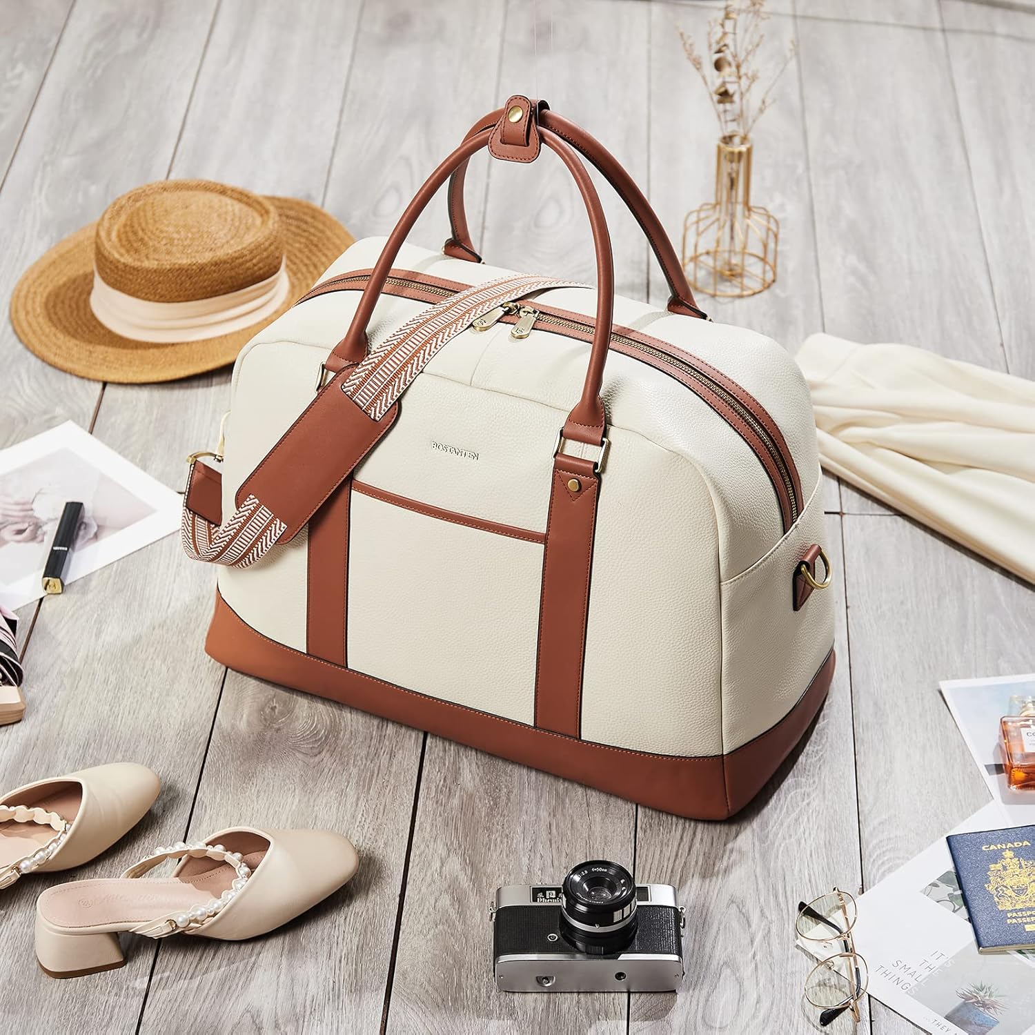 BOSTANTEN Travel Weekender Bags For Women Leather Duffle Bag Womens Overnight Bag Large Duffel Tote with Trolley Sleeve Flight Approved - Image 7