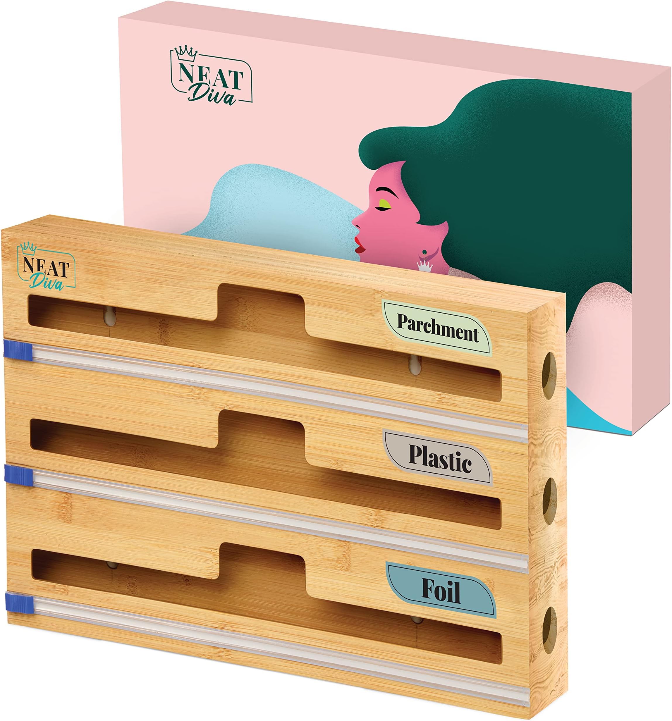 12" Bamboo Foil Plastic Wrap Organizer Cutter, Plastic Wrap Dispenser Cutter, Tin Foil Organizer Drawer, Bamboo Aluminum Foil Dispenser Cutter, Kitchen Organizer Foil Plastic Wrap (3-in-1)