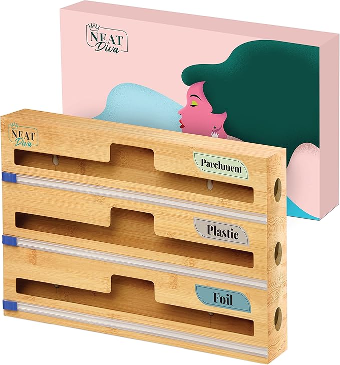 12" Bamboo Foil Plastic Wrap Organizer Cutter, Plastic Wrap Dispenser Cutter, Tin Foil Organizer Drawer, Bamboo Aluminum Foil Dispenser Cutter, Kitchen Organizer Foil Plastic Wrap (3-in-1)