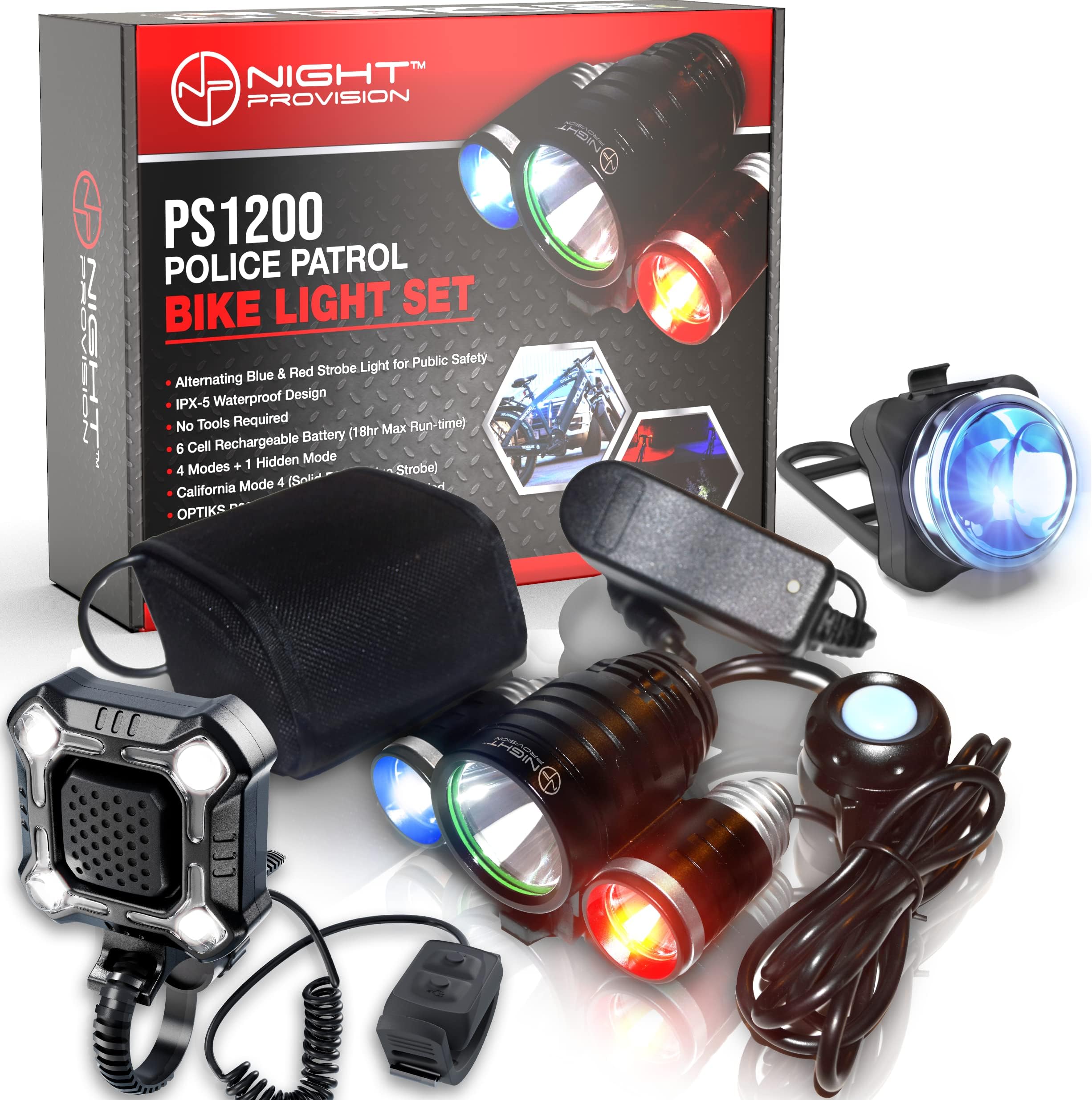 PS1200 Front & OPTIKS P220 Rear Police Patrol Bike Light - Red/Blue Strobe LED - Rechargeable - Water Proof - 5 Modes - for Professional Use Only