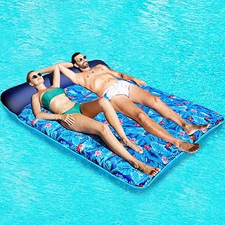 FindUWill Oversized Pool Floats Raft, 1-2 Person, 72'' X 60'' Giant Fabric-Covered Pool Floats Adult Size, Inflatable Floating Mat with Headrest Ultra-Comfort Summer Pool Lounger Floatie