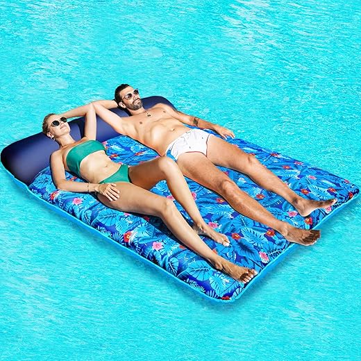 FindUWill Oversized Pool Floats Raft, 1-2 Person, 72'' X 60'' Giant Fabric-Covered Pool Floats Adult Size, Inflatable Floating Mat with Headrest Ultra-Comfort Summer Pool Lounger Floatie