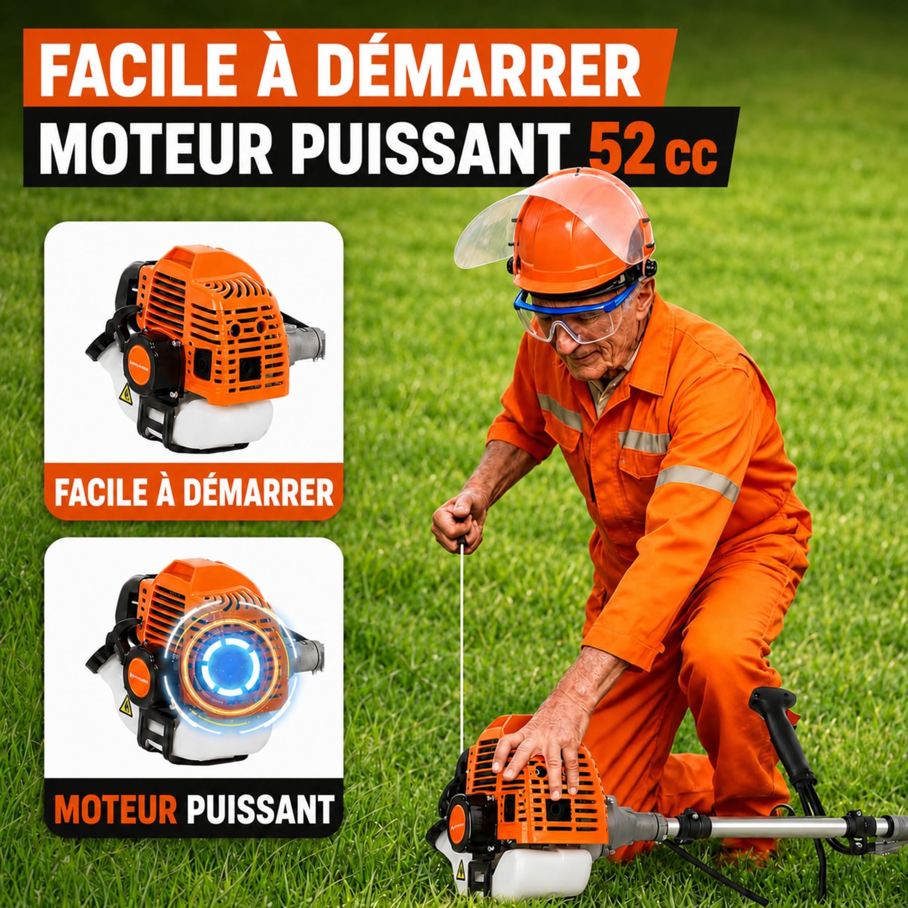 Débroussailleuse Thermique 52 cm³, Débroussailleuse Essence 2 Temps 2,2 KW 8500 TR/Min, 2 en 1 Coupe-Bordure avec Lame 3 Dents, Tête à Fil, Guidon en U Anti-Vibration