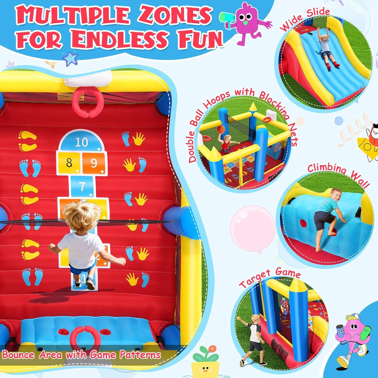 AKEYDIY Hüpfburg für Kinder von 3-12 Jahren, 4,6 x 2,5 x 2,1 m, mit großer Hüpffläche, extra breiter Rutsche, 2 Basketballkörben, abnehmbarem Volleyballnetz (Große Rutschen-Upgrade)