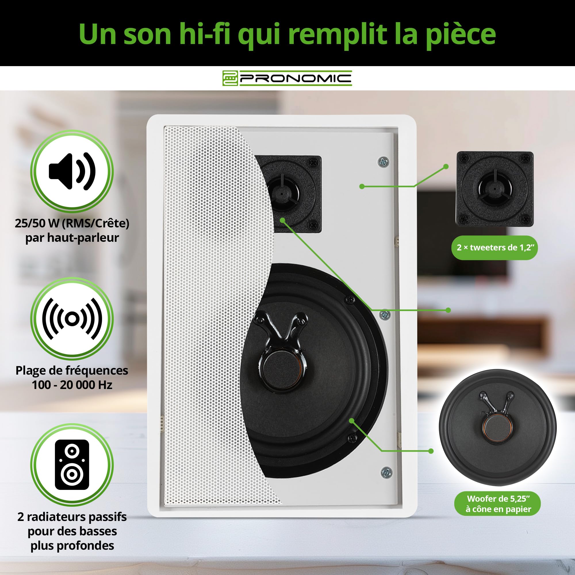 Pronomic FLS-540 WH Paire d'enceintes murales Flatpanel (Enceintes HiFi Plates, Enceinte 2 Voies, woofer 5,25"/133mm, Tweeter 1,2"/30mm, 25/50 Watts (RMS/Peak), Connexion à bornier) Blanches