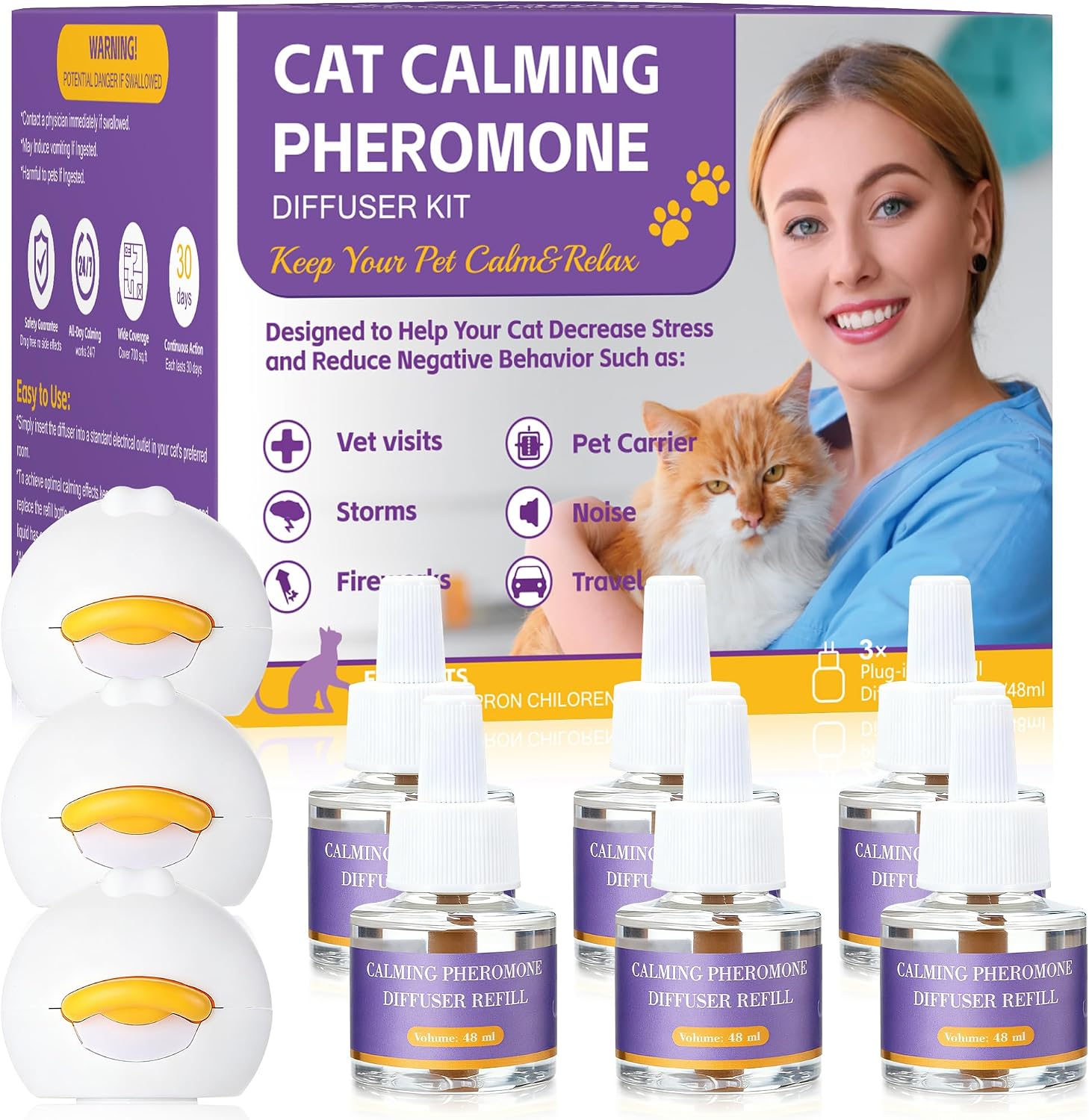 9-in-1 Katze Pheromon Beruhigende Diffusor, Pheromon Diffusor für Katzen, Angst lindern, Helfen, Kämpfe zu reduzieren, Sprühen & Kratzern, Drogenfrei & Geruchlos Sicher (3 Stecker + 6 Refills) 180 Tag - Amazon product rated Grade C