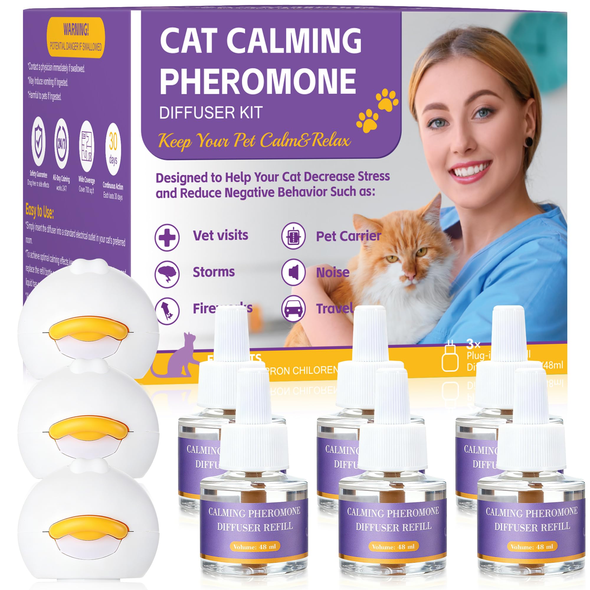9-in-1 Katze Pheromon Beruhigende Diffusor, Pheromon Diffusor für Katzen, Angst lindern, Helfen, Kämpfe zu reduzieren, Sprühen & Kratzern, Drogenfrei & Geruchlos Sicher (3 Stecker + 6 Refills) 180 Tag