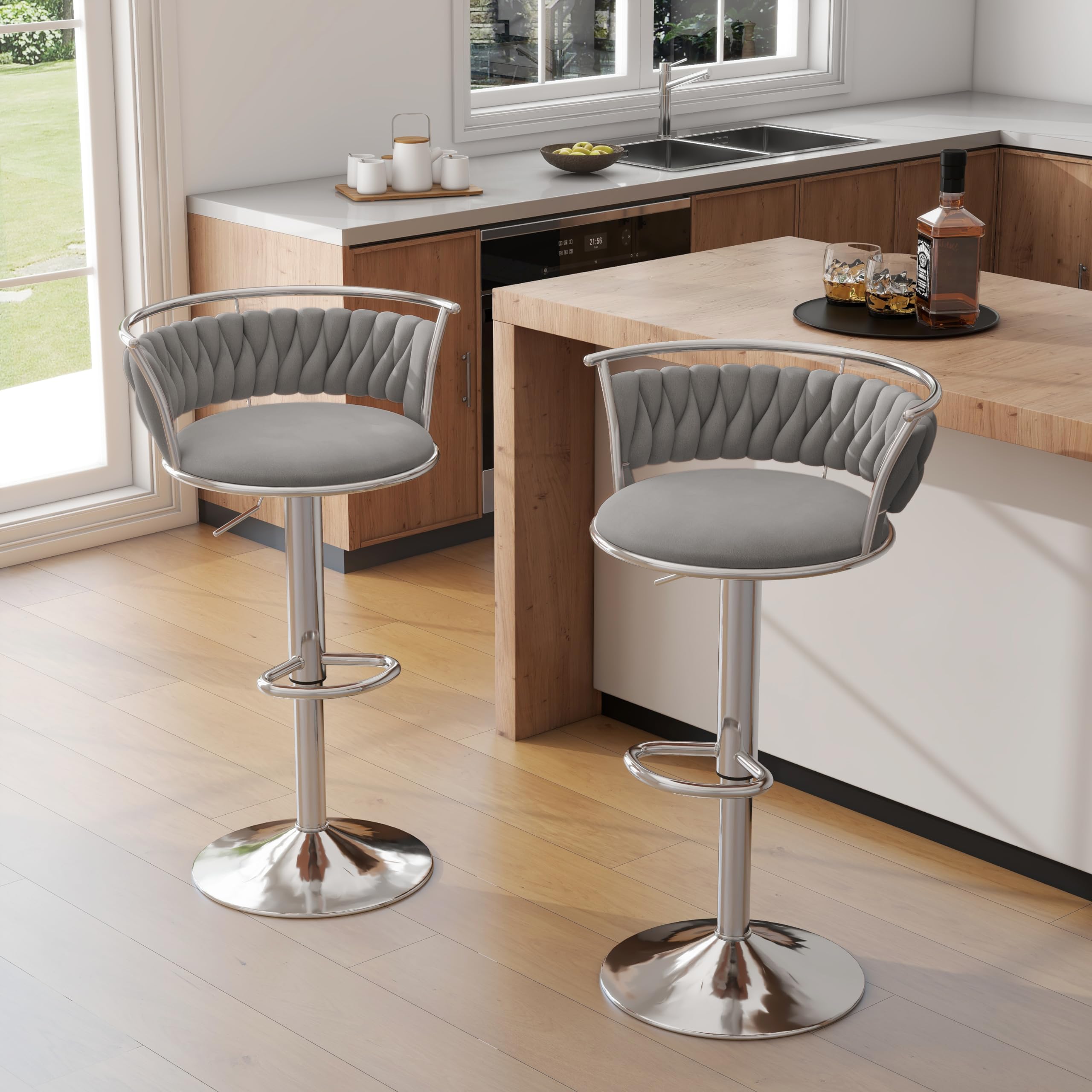 UIXE 360° Swivel Bar Stools Set of 2, Modern Adjustable Counter Height Velvet Bar Chair Silver Metal Stool, Comfy Kitchen Island Dining Chairs with