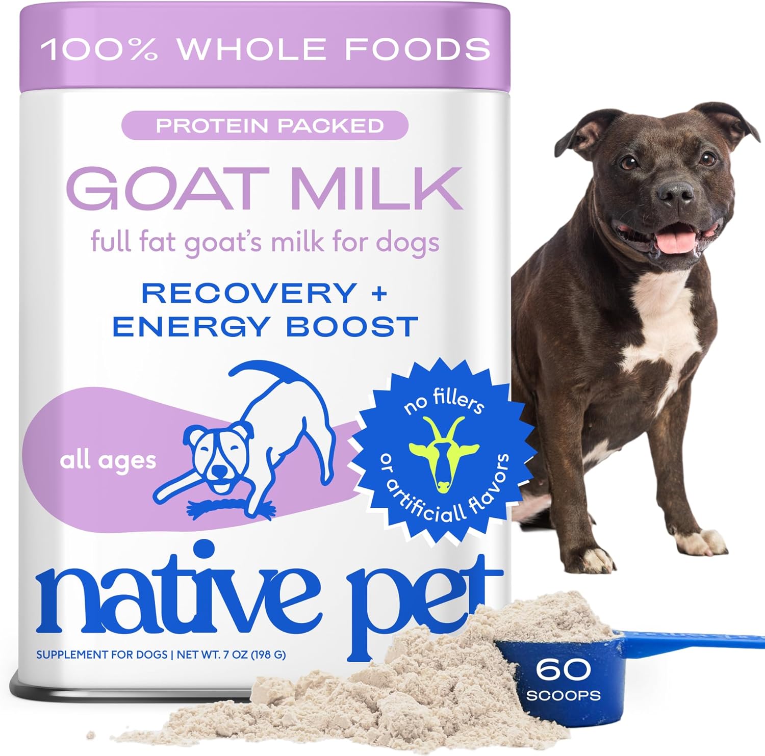 Native Pet Goat Milk for Dogs – Organic Goat Milk Powder for Dogs and Cats – Puppy Formula Dairy Replacement Packed with Protein & Vitamins for Immunity, Recovery & Growth for Active Pups – 60 Scoops