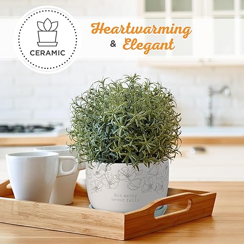 Miniatura 3 de Christian Art Gifts Maceta de cerámica blanca con versículo bíblico con bandeja de platillo para mujer His Mercy Never Fails, bonita floral para