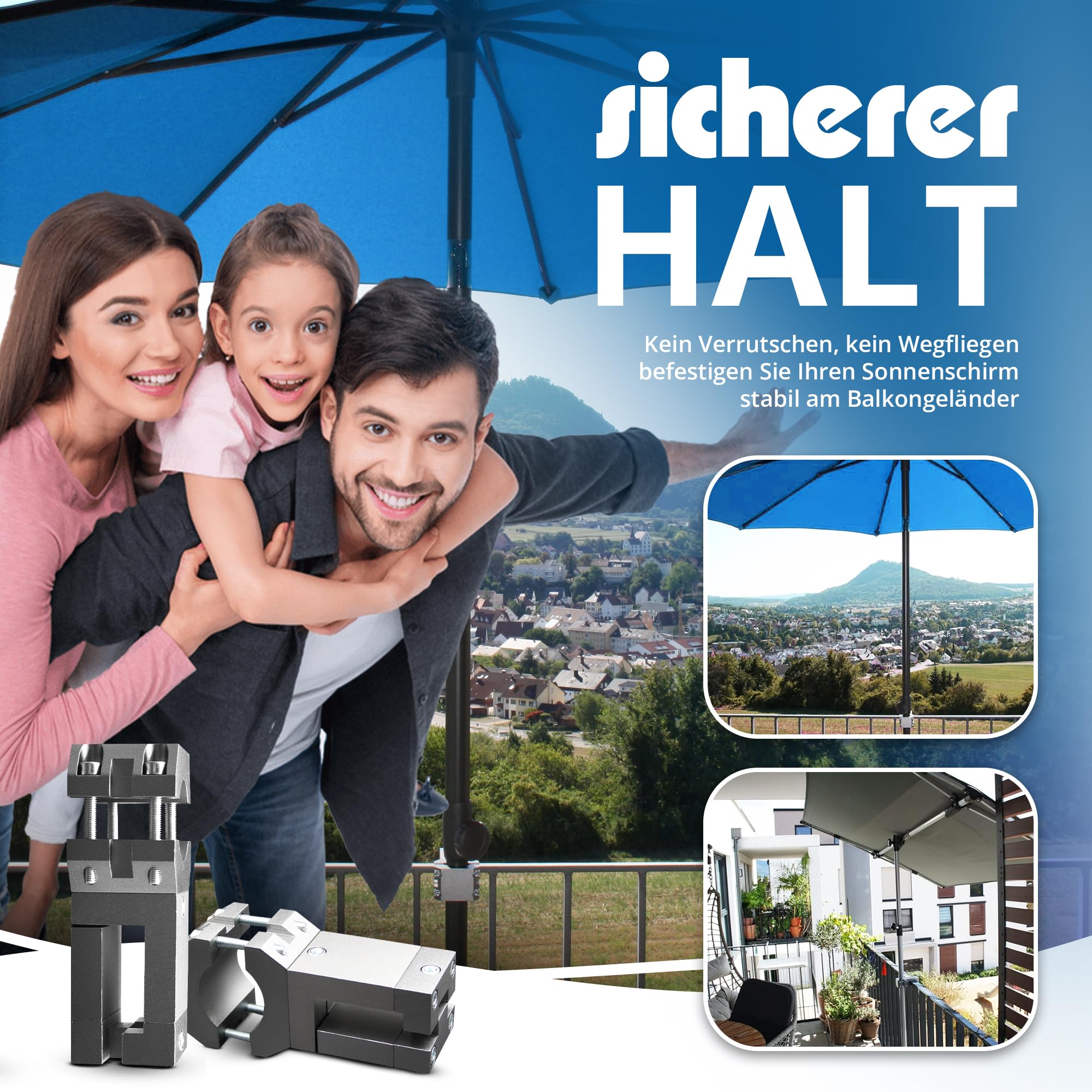Stabiler Sonnenschirmhalter - Sonnenschirmständer für Balkon eckige Geländer - sichere Sonnenschirmbefestigung ohne Bohren