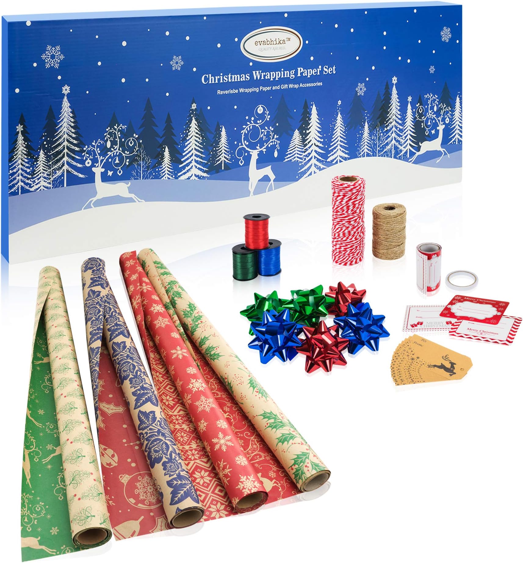 Christmas Wrapping Paper Set | Kraft Gift Wrapping Paper with Reversible Designs | 4 Christmas Rolls with Gift Bows, Satin Ribbon, Bakers Twine, 2 Sided Tape, Gift Tags & Stickers, in a Storage Box.