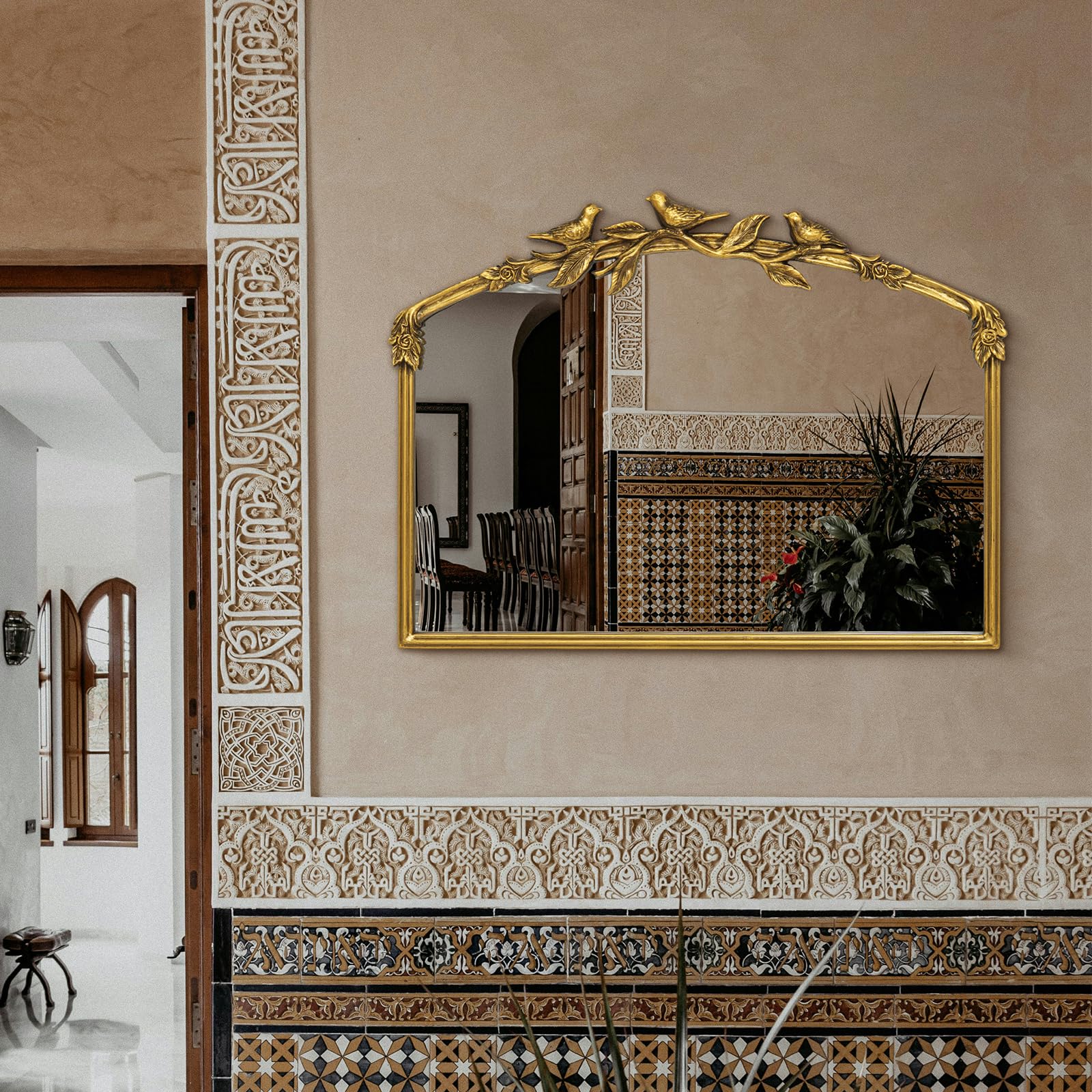 Miroir Baroque doré Antique 80 x 60(H) cm – Cadre Vintage en Fonte avec Fleurs en résine sculptées à la Main, Miroir Mural incassable pour Salle de Bain, Salon et Chambre à Coucher
