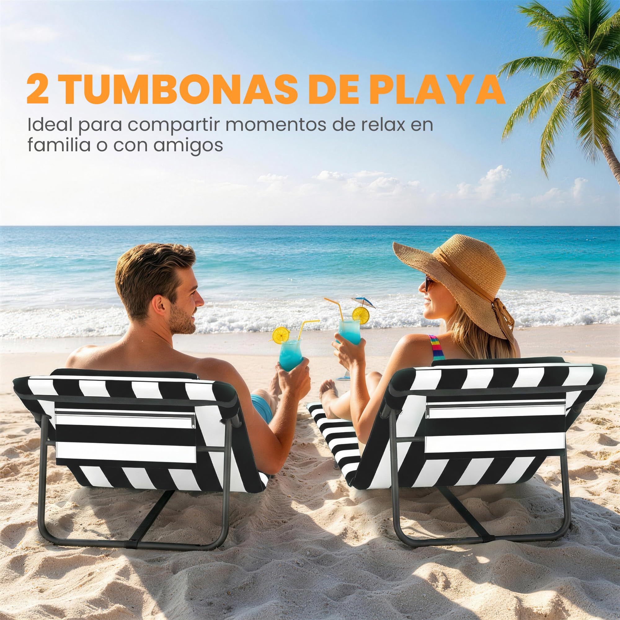 Outsunny Conjunto de 2 Esterillas de Playa Plegable, Esteras Portátil con Respaldo Ajustable, Reposacabezas Acolchado Tela Oxford 600D y Estructura de Metal, para Jardín, 150x50x2 cm, Gris y Blanco