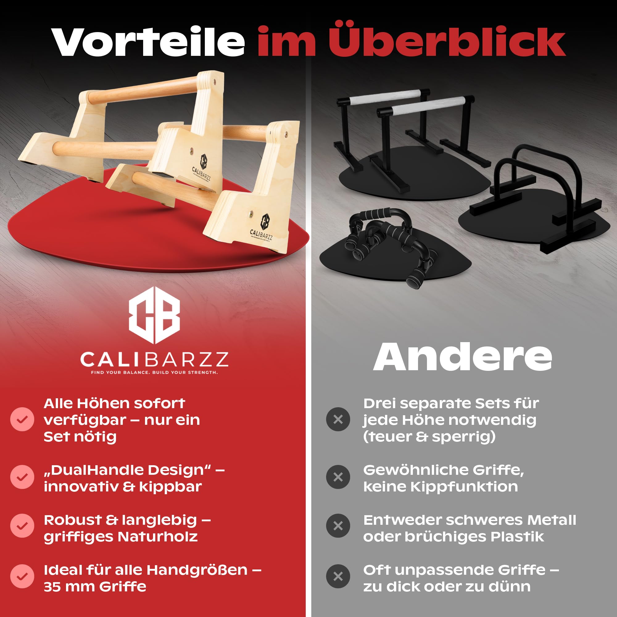 Calibarzz Parallettes & Liegestützgriffe aus Holz [3 Höhen] Push up Bars - Handstand Griffe - Dip Bars | Calisthenics Equipment für Home Workout und Outdoor