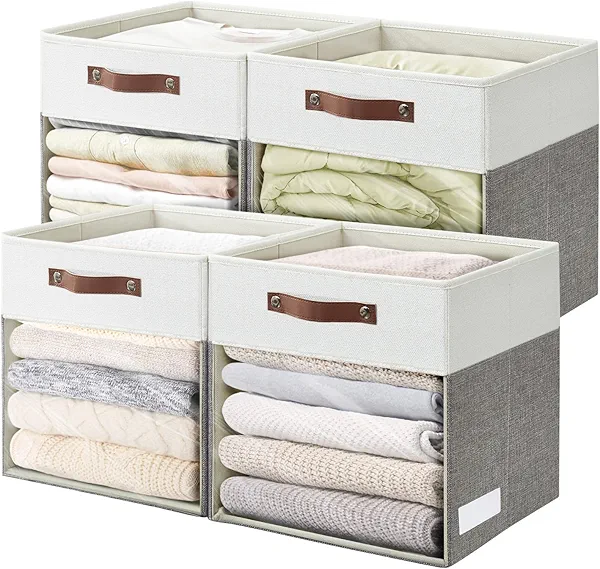 Bagnizer Storage Cubes, 4 Pack Linen Foldable Storage Bins (13 x 13 inch) with Clear Window and Handles, Fabric Organizer for Shelf Closet, Clothes, Books - (Gray and White)