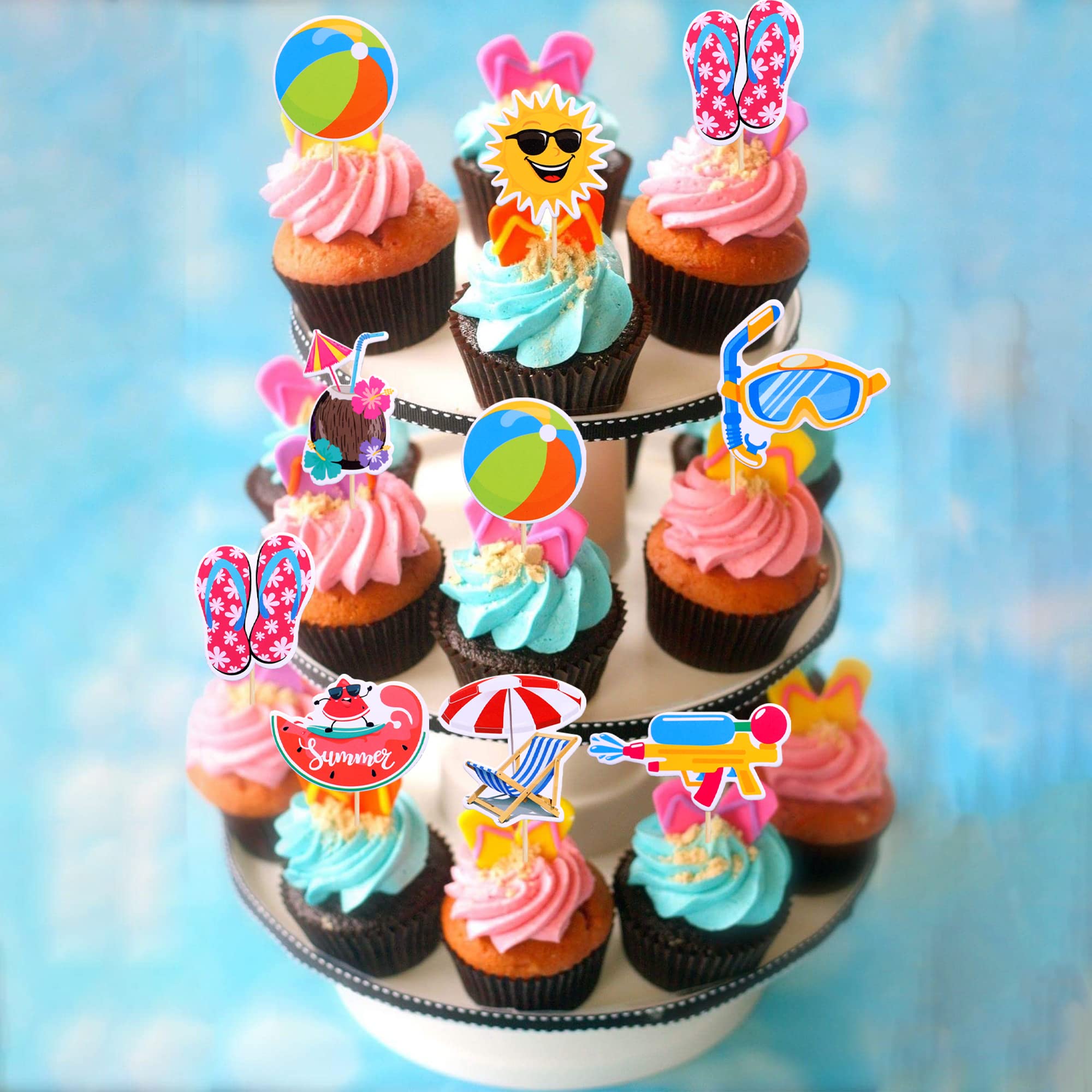24 Pics De Cupcakes Natation – Noir – 5x11 Cm – Papier Et Bambou – Décoration Fête Piscine – Non Comestible