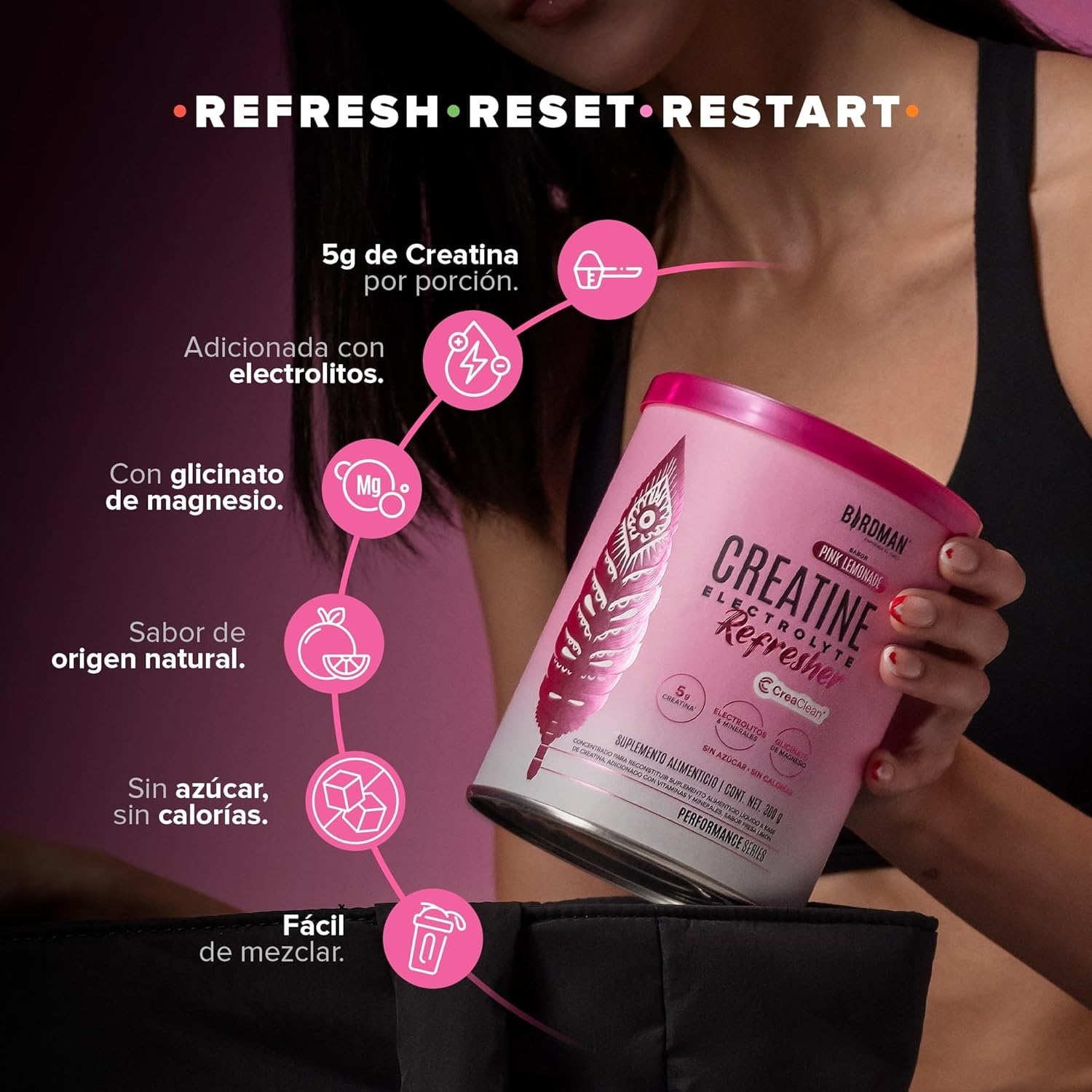 BIRDMAN Creatine Refresher | Creatina Monohidratada con Electrolitos, Magnesio y Vitaminas | Sin Azúcar, Sin Calorías | Saborizantes y Endulzantes Naturales | Sabor Pink...