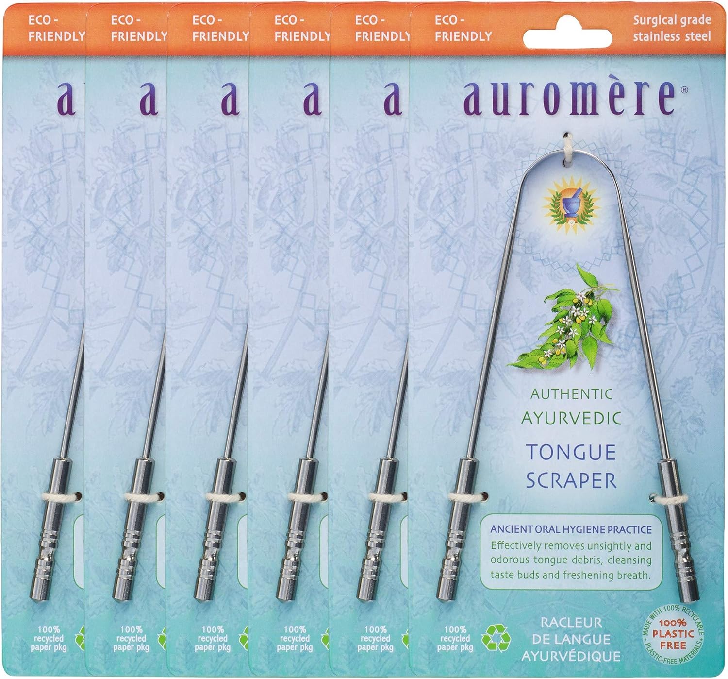 Auromere Tongue Cleaner, Ancient Oral Hygiene, Eco Friendly, Zero Waste, Stainless Steel, Eliminate Bad Breath (6 Pack) Auromere Tongue Cleaner, Ancient Oral Hygiene, Eco Friendly, Zero Waste, Stainless Steel, Eliminate Bad Breath (6 Pack)