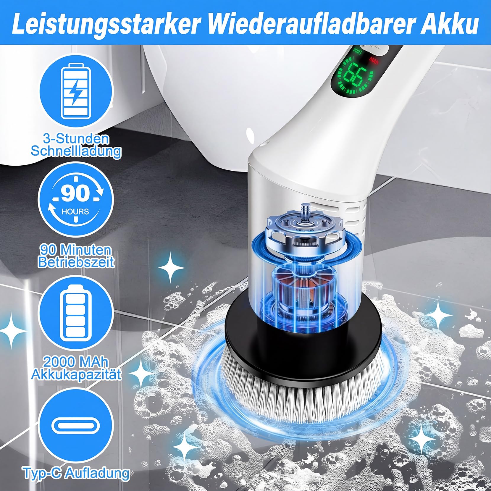 Elektrische Reinigungsbürste mit 9 Austauschbaren Bürstenköpfen 9-in-1 Akku Reinigungsbürste 2 Geschwindigkeiten, Verstellbarer Teleskopgriff für Bad, Fliesen, Auto, Küche, Fenster