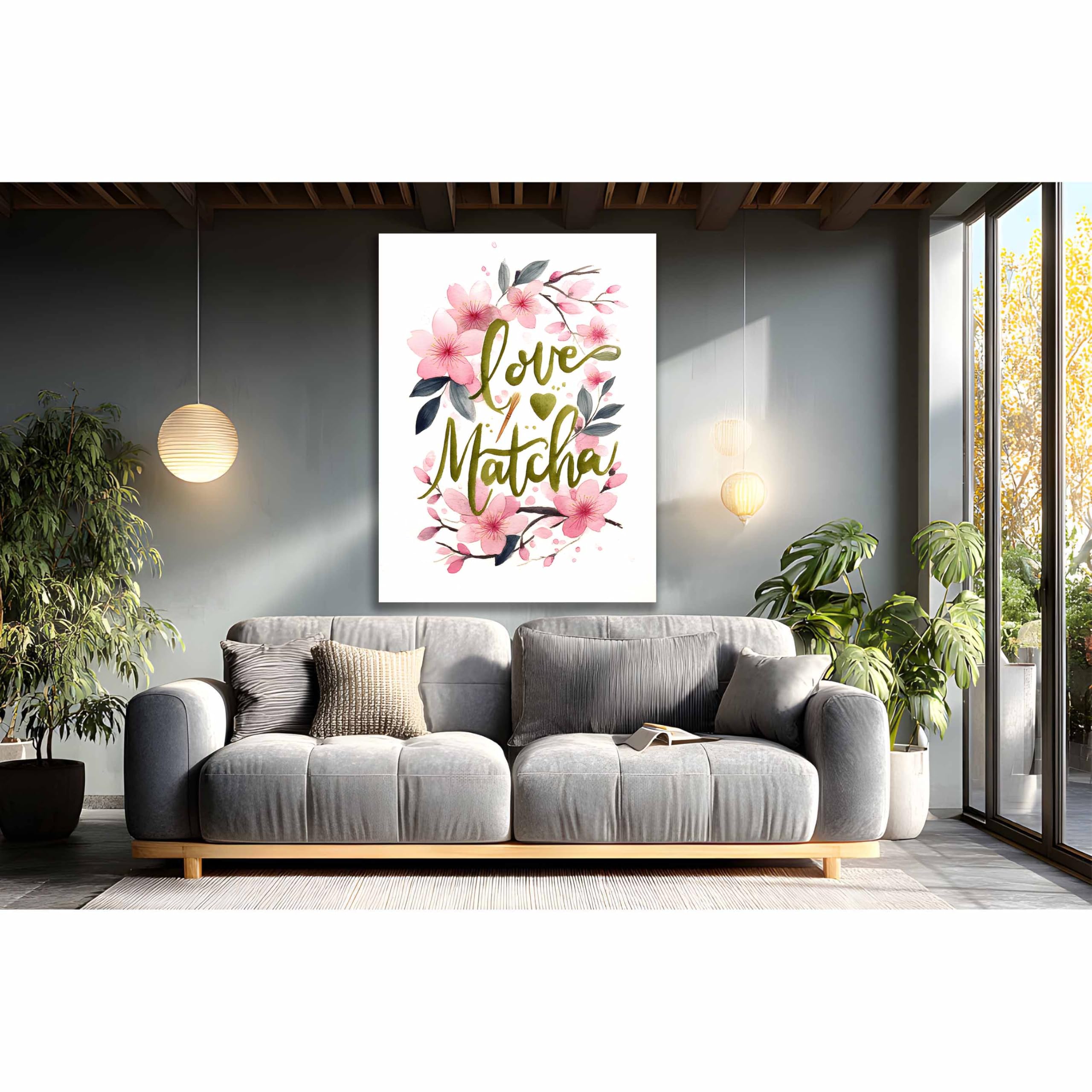 Kunstbruder Leinwand‑Kunstdruck Love & Matcha – Rosa Blüten mit Olivgrün, 70x100 cm in für moderne Wohnräume und Praxis, hochwertige Leinwand auf Holzrahmen