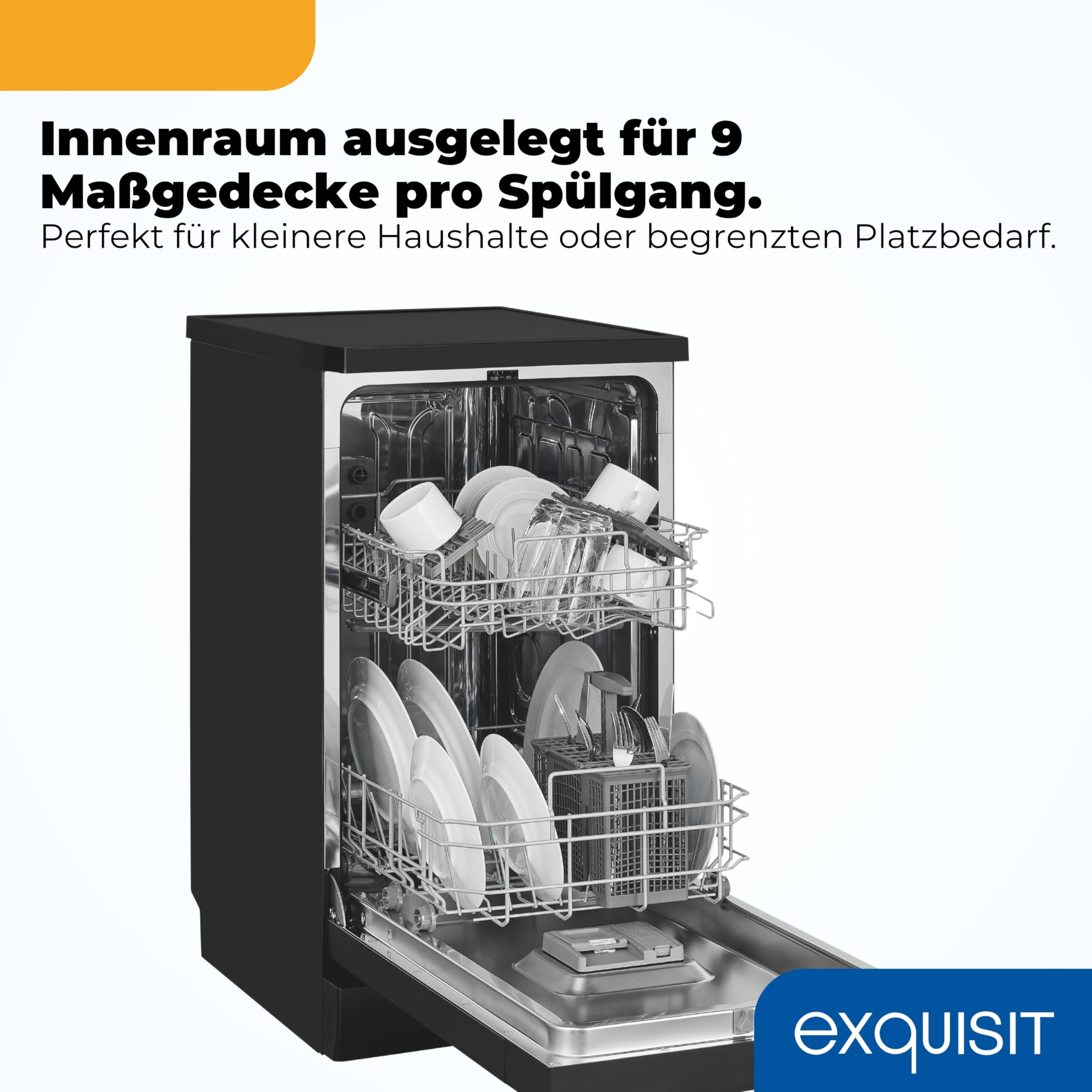 Exquisit Geschirrspüler 45 cm Freistehend Schwarz 9 Maßgedecke 49 dB Aquastop Eco-Programm