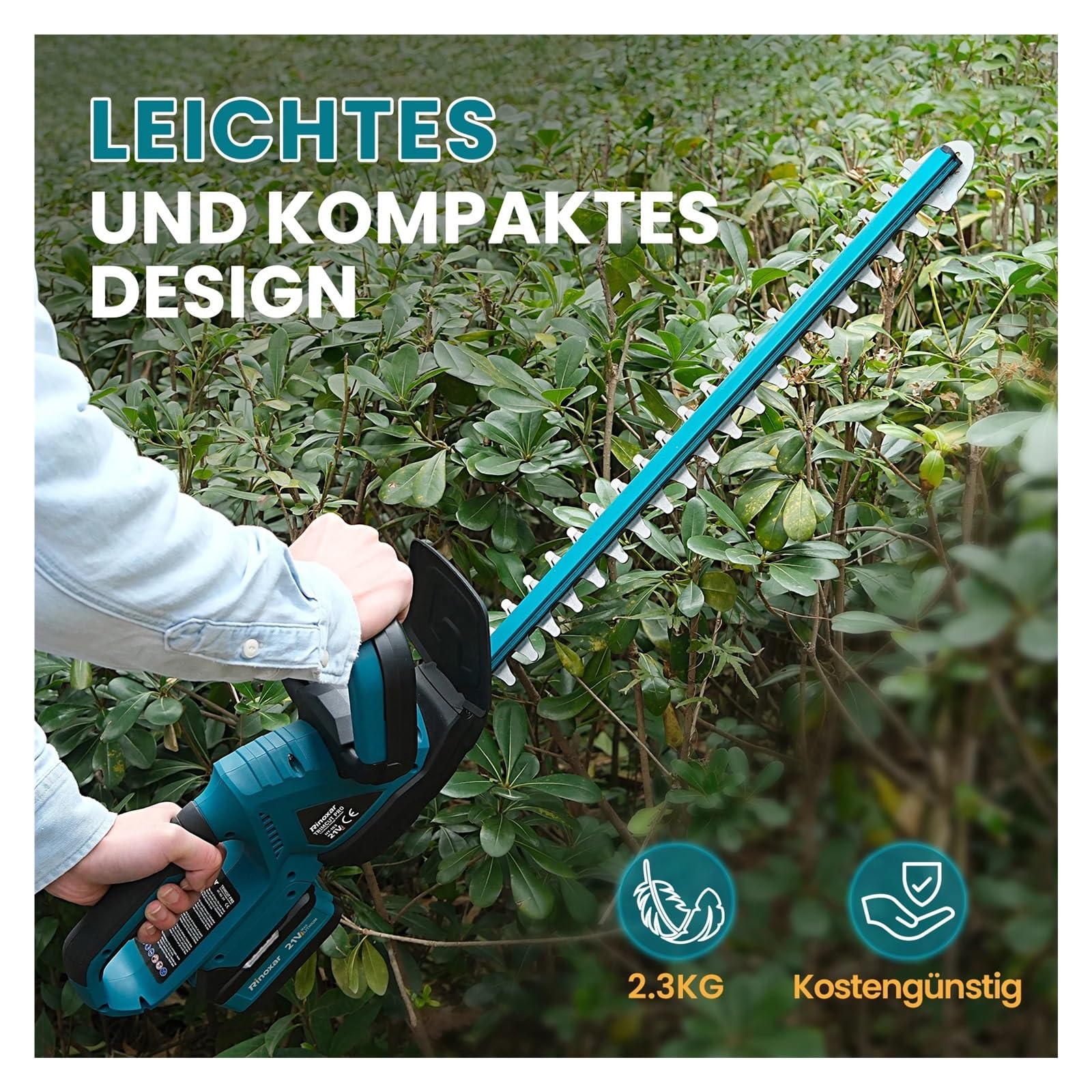 Cortasetos inalámbrico de 21 V con batería de 8000 mAh, Motor sin escobillas de 600 W, Longitud de Corte de 52 cm y diámetro de Corte de 15 mm.