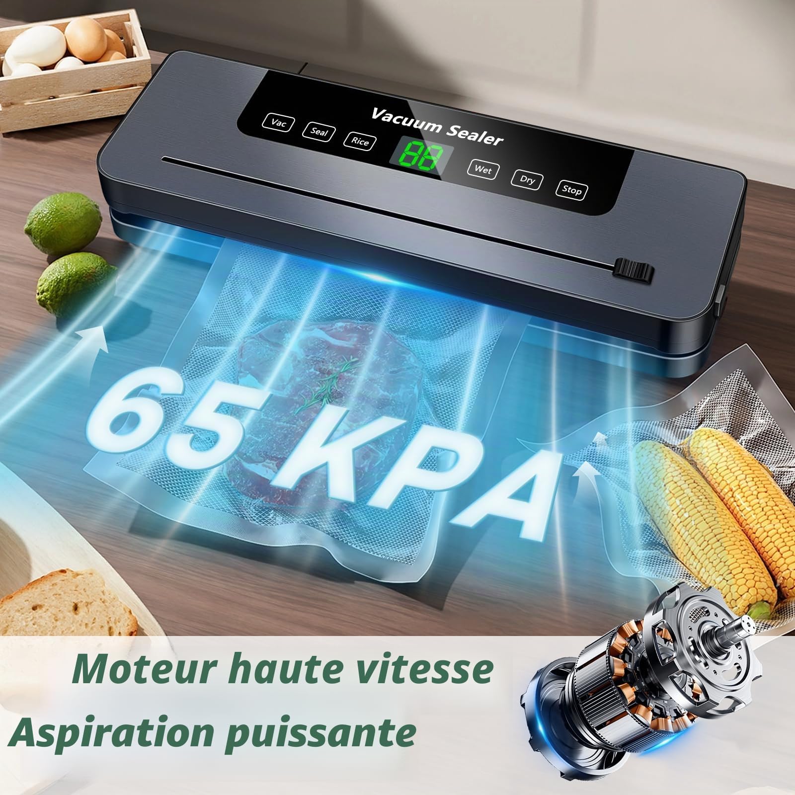 6 en 1 Machine Sous Vide Alimentaire, Machine à emballer sous vide Multifonction avec 50 Sacs Sous Vide, Automatique Secs et Humides Appareil sous vide avec Couteau Coupe, Tuyau D'aspiration D'air
