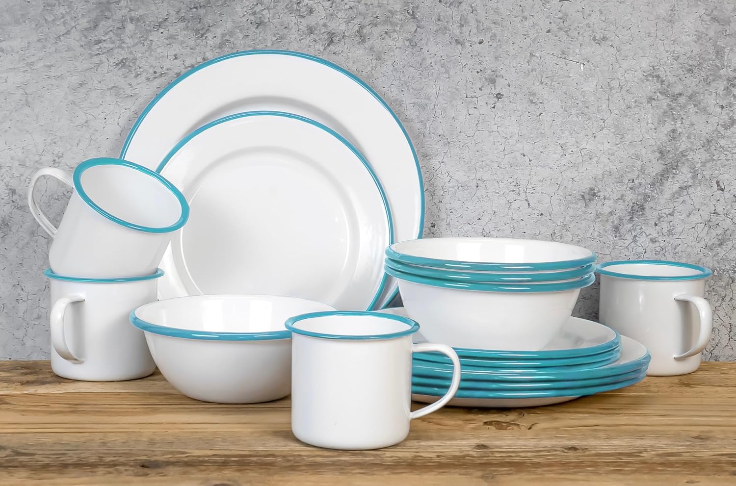 Red Co. 16-Piece Enamelware Metal Dinnerware Set for 4, Solid White/Teal Rim - Image 6