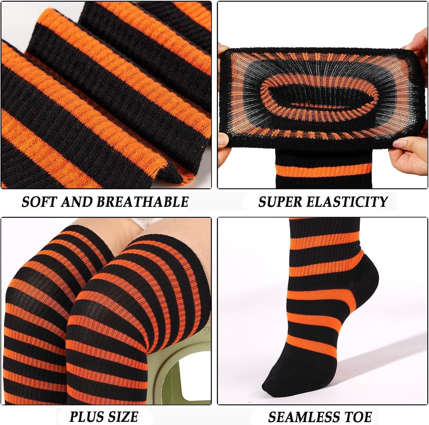 Moon Wood Plus Size Thigh High Socks for Women Knit Cotton Extra Long Striped Over the Knee High Socks Leg Warmers - Image 5