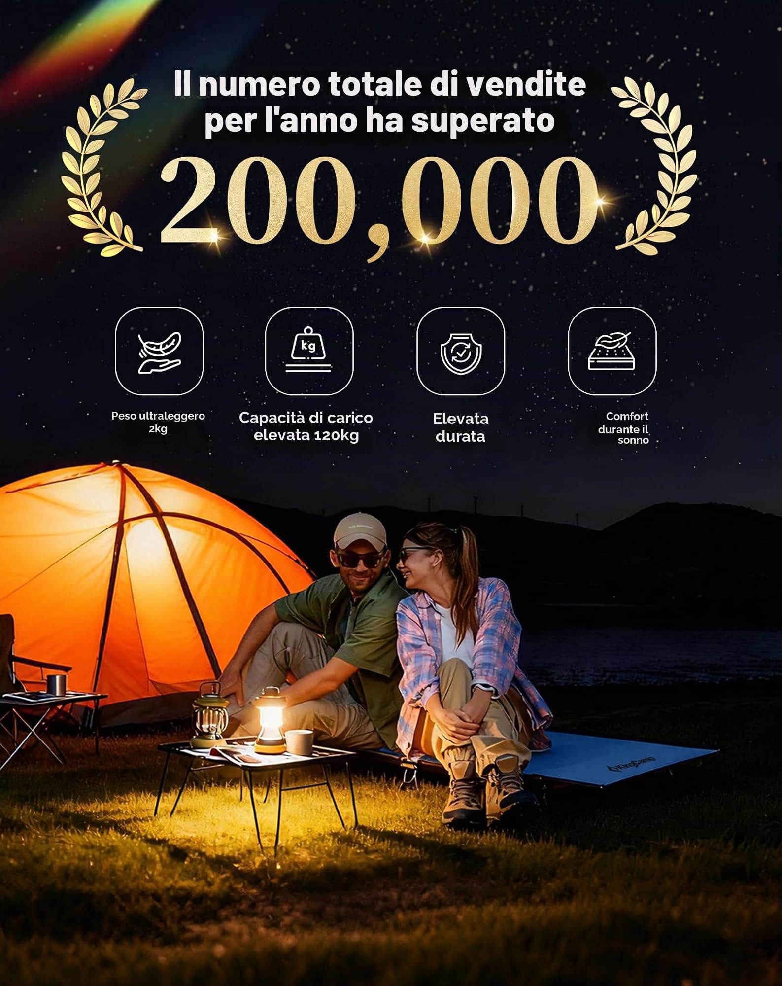 KingCamp Lettino da Campeggio Ultraleggero 2,2 kg, Compatto 36x13 cm Blu | Brandina Pieghevole 190x64 cm, Portata 120 kg per Camping, Moto, Trekking, Letto Ospiti, Festival e Giardino
