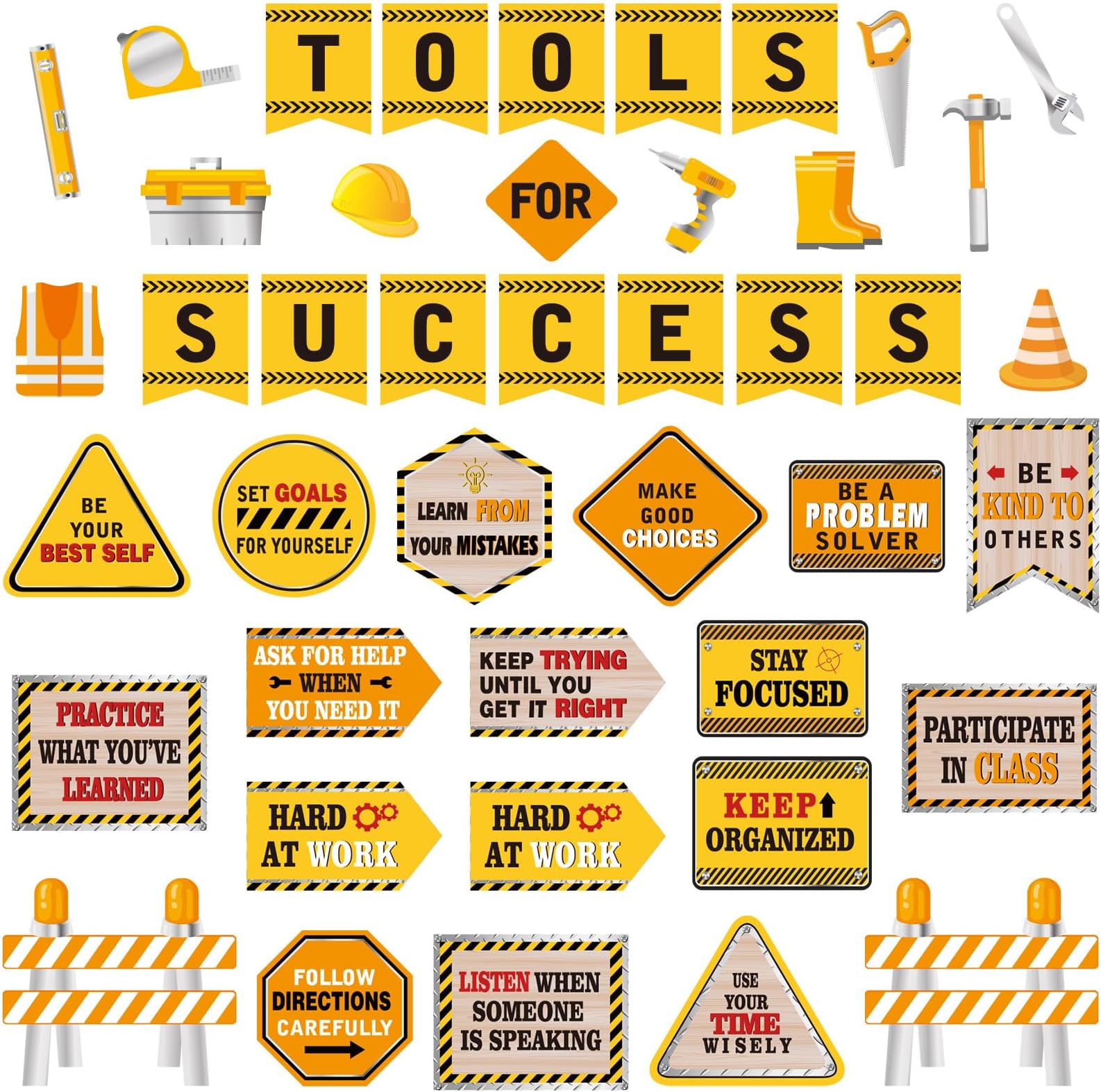 47 Pcs Construction Bulletin Board Set Construction Cutouts Tools for Success Classroom Decorations for Kid Students Back to School Gifts Birthday Party Supplies