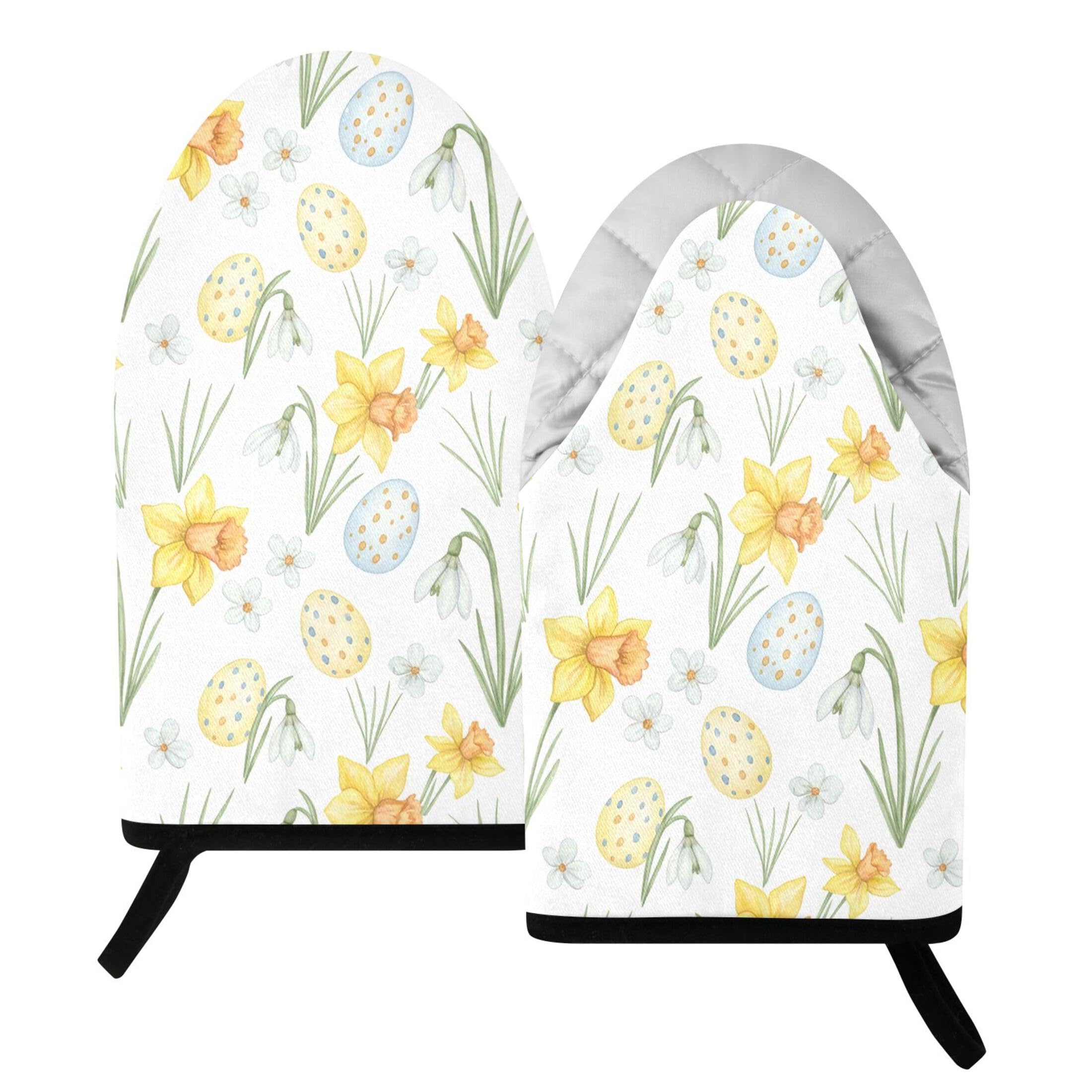 Kutsu Flowers Eggs Oven Mitts for Kitchen, Heat Resistant Cotton Oven Gloves for BBQ Baking Cooking, Breathable Kitchen Essentials, 2 pcs