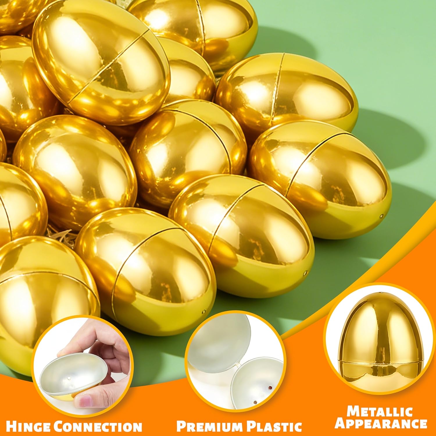3.1" Large 50 Pack Golden Easter Eggs Fillable Plastic Easter Eggs Bulk Empty Easter Basket Stuffers for Easter Treats Filler Eggs Hunt Supplies Classroom Prize Easter Party Favors Packs Kids Toddler
