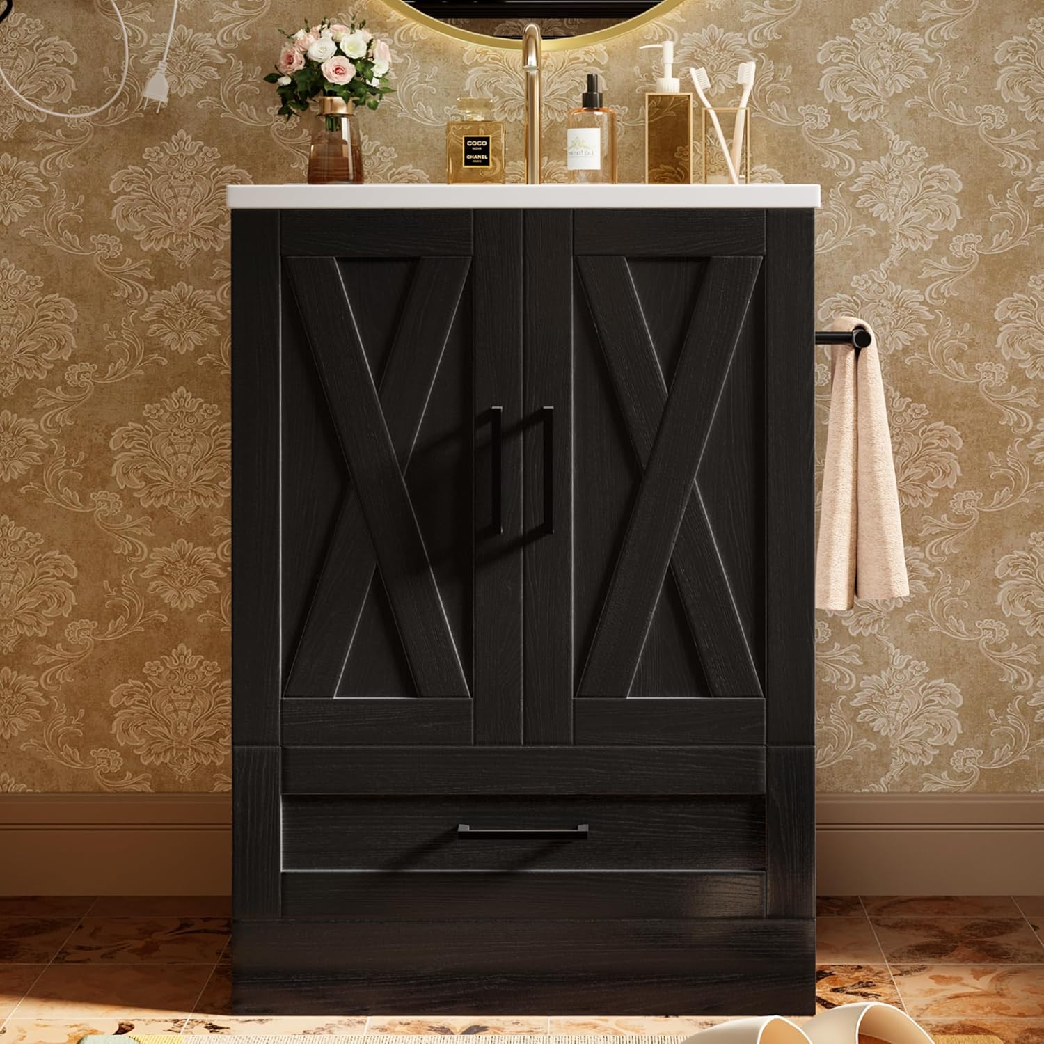 YESHOMY 24" Bathroom Vanity with Sink, Wood Fixture Stand Pedestal Bathroom Cabinet with Drawer, Farmhouse Cabinet Easy Assembly, Pure Black