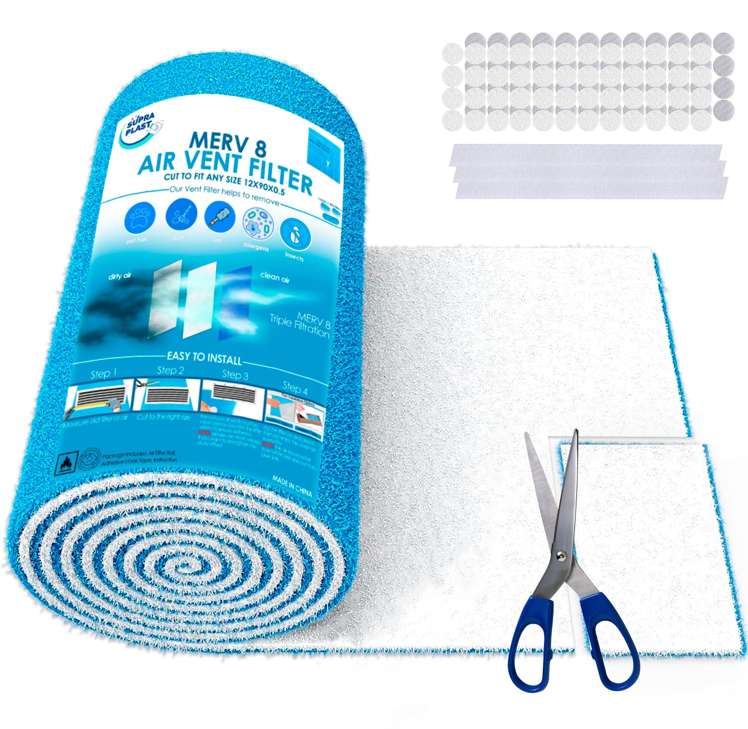 MERV 8 Electrostatic Air Vent Filters - 12" x 90" Triple Filtration Cut to Fit (>50 filters) Roll, Air Vent for Floor, Registers, Grilles, Ceiling, Wall HVAC Furnace, Filter Roll with Adhesive Tape