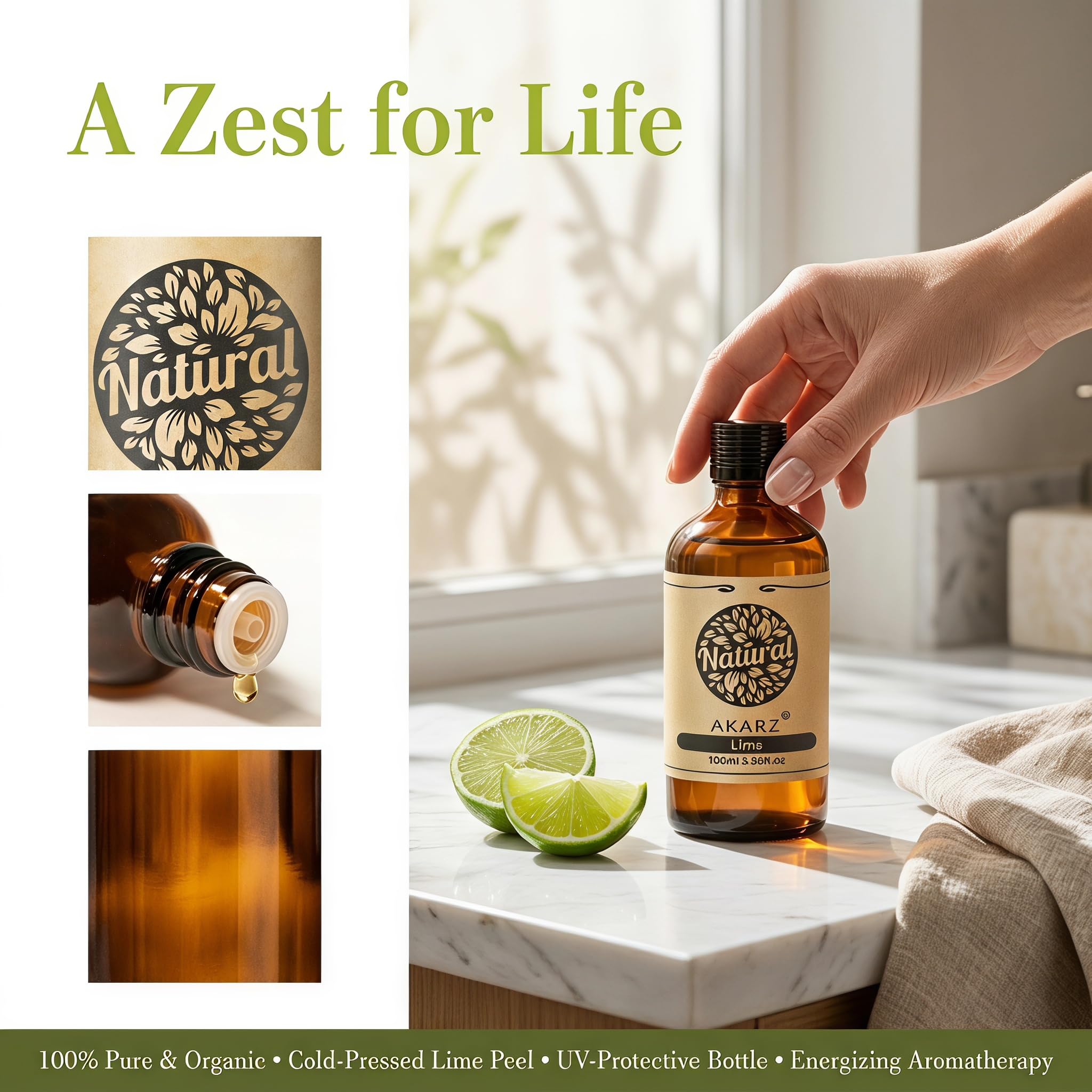 AKARZ 100ml Olejek esencjny z Limonki - Naturalny olejek aromatyczny do dyfuzorów, lamp aromatycznych i aromatów pomieszczeń