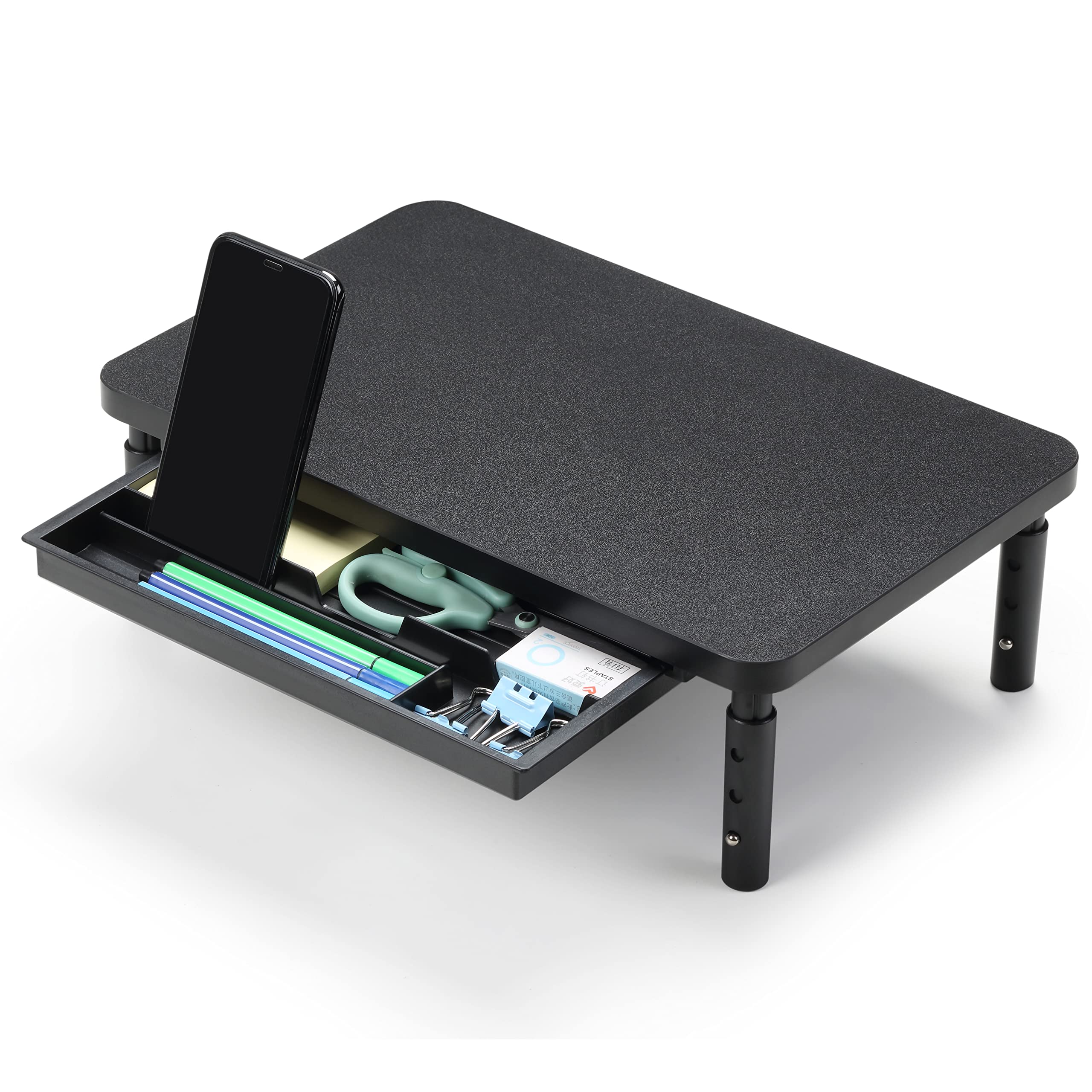 Ethu Black Monitor Stand Riser With Storage Drawer, Solid Wood Desktop Organiser With 3 Height Settings, Ergonomic Computer Monitor Shelf For Home Office Desk, Fits Laptop Pc Imac Printer (Black)