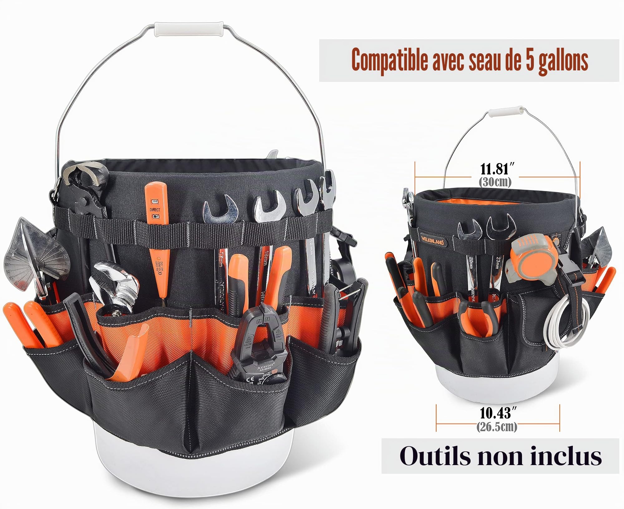 WELKINLAND Seau de rangement pour outils de 5 gallons – Support et doublure en un, sac seau à outils, organisateur pour garage, atelier, maison