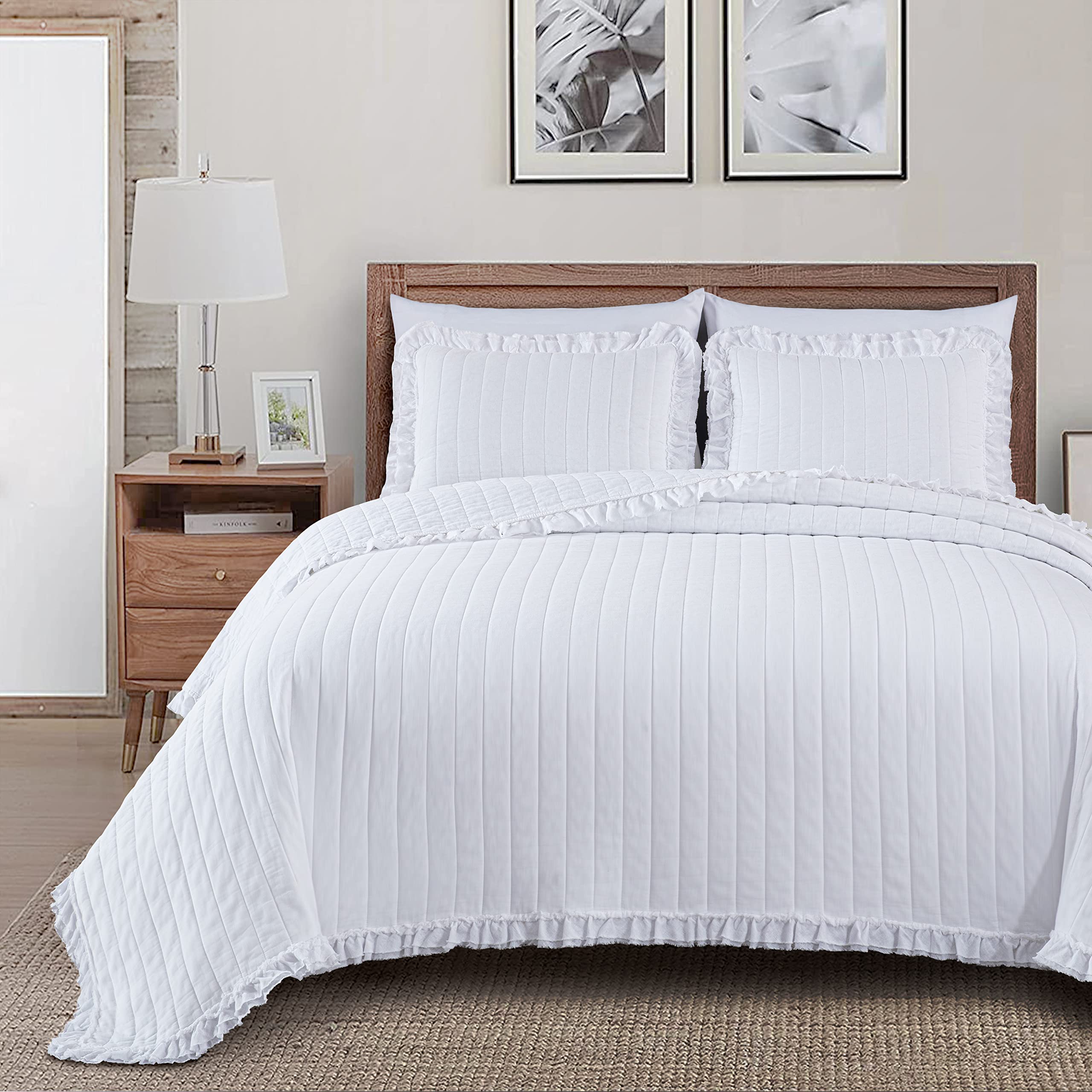 Chezmoi Collection Bonnie 2-Piece 100% Cotton Quilt Set Twin Size, White - Double Frayed Ruffled Edge Lightweight Pre-Washed Soft-Finished Cotton Bedspread for All Season