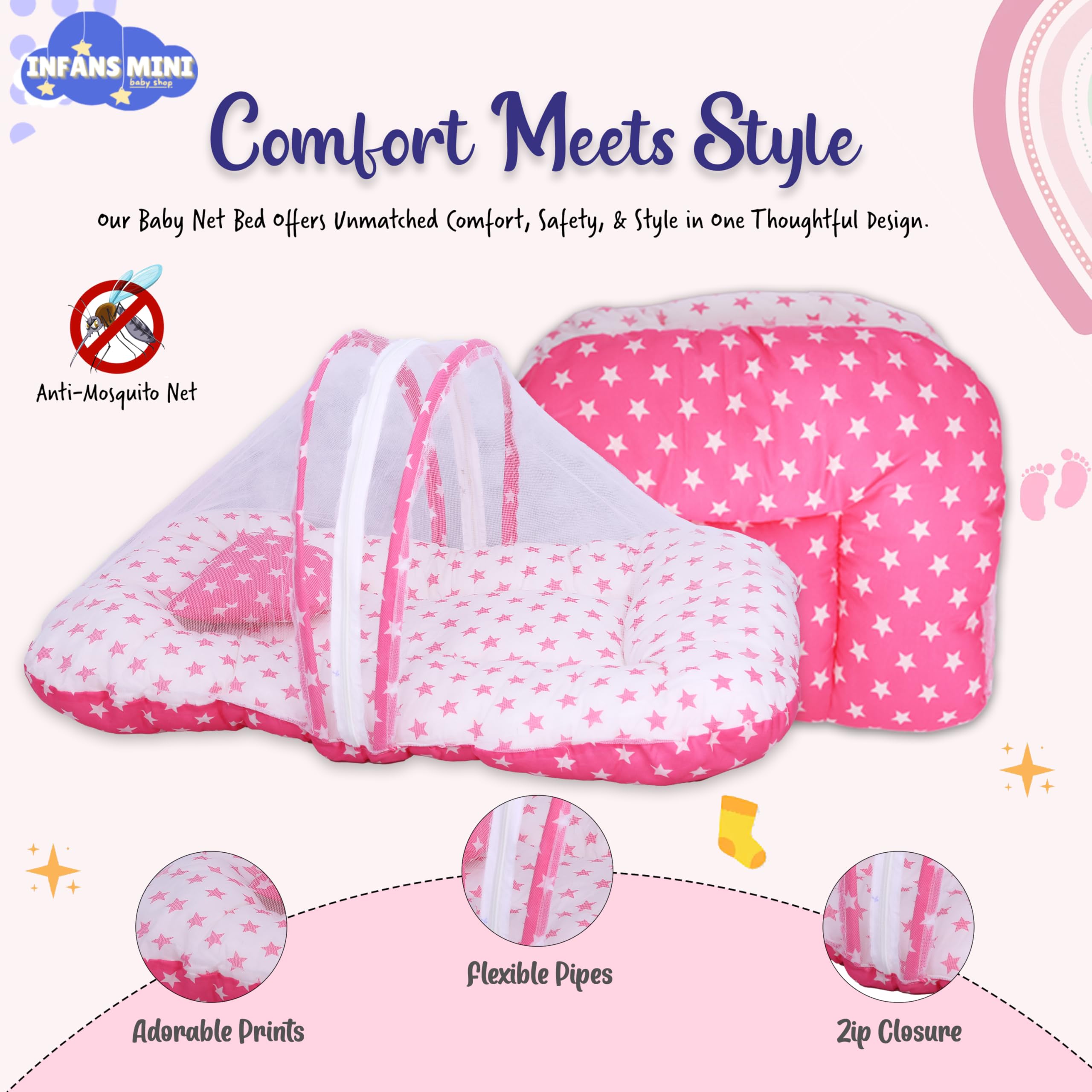 Infans Mini Cotton Baby Bedding Set for New Born Baby Sleeping Bag, Mosquito Net Bed Suitable Upto 6 Months Babies (Star Pink), 500 TC 1
