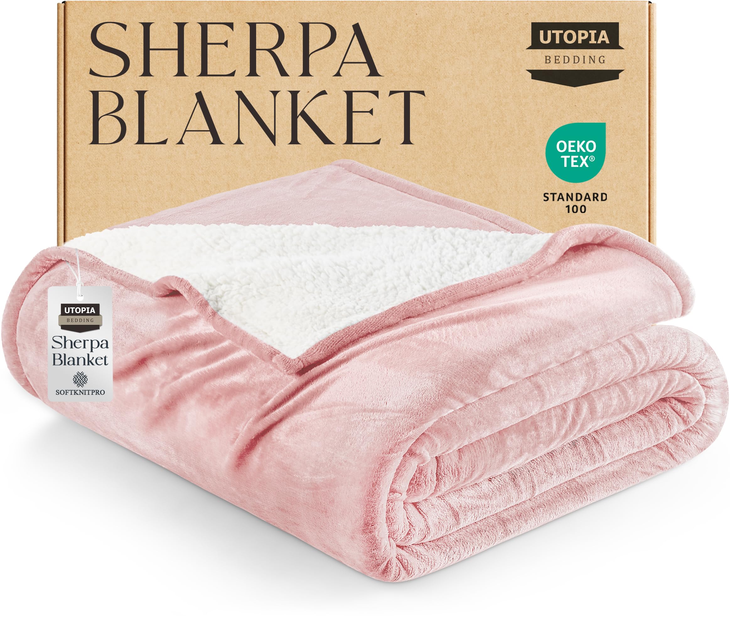 Utopia Bedding Sherpa Blanket Twin Size (Pink, 90x66 Inches) - Soft Lightweight Plush Fleece Reversible Blanket for Bed, Sofa, Couch, Camping and Travel